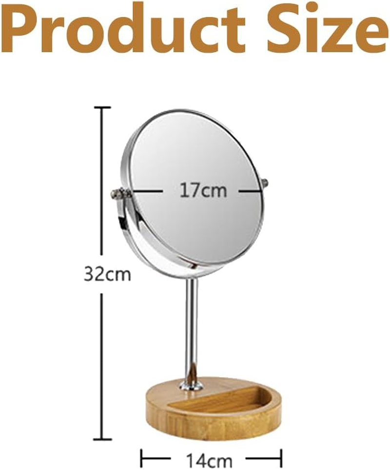 7 Inch Double-Sided Vanity Makeup Mirror with 1X/3X Magnification, 360&deg; Swivel round Tabletop Mirror with Natural Bamboo Stand and Storage Tray for Bathroom or Bedroom image number 6
