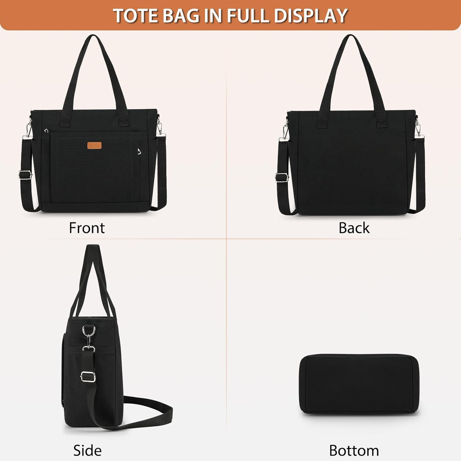 Canvas Tote Bags for Women with Zipper and Compartments Large Shoulder Bag Waterproof Crossbody Bag for School Work Beach - Blackbrown image number 2