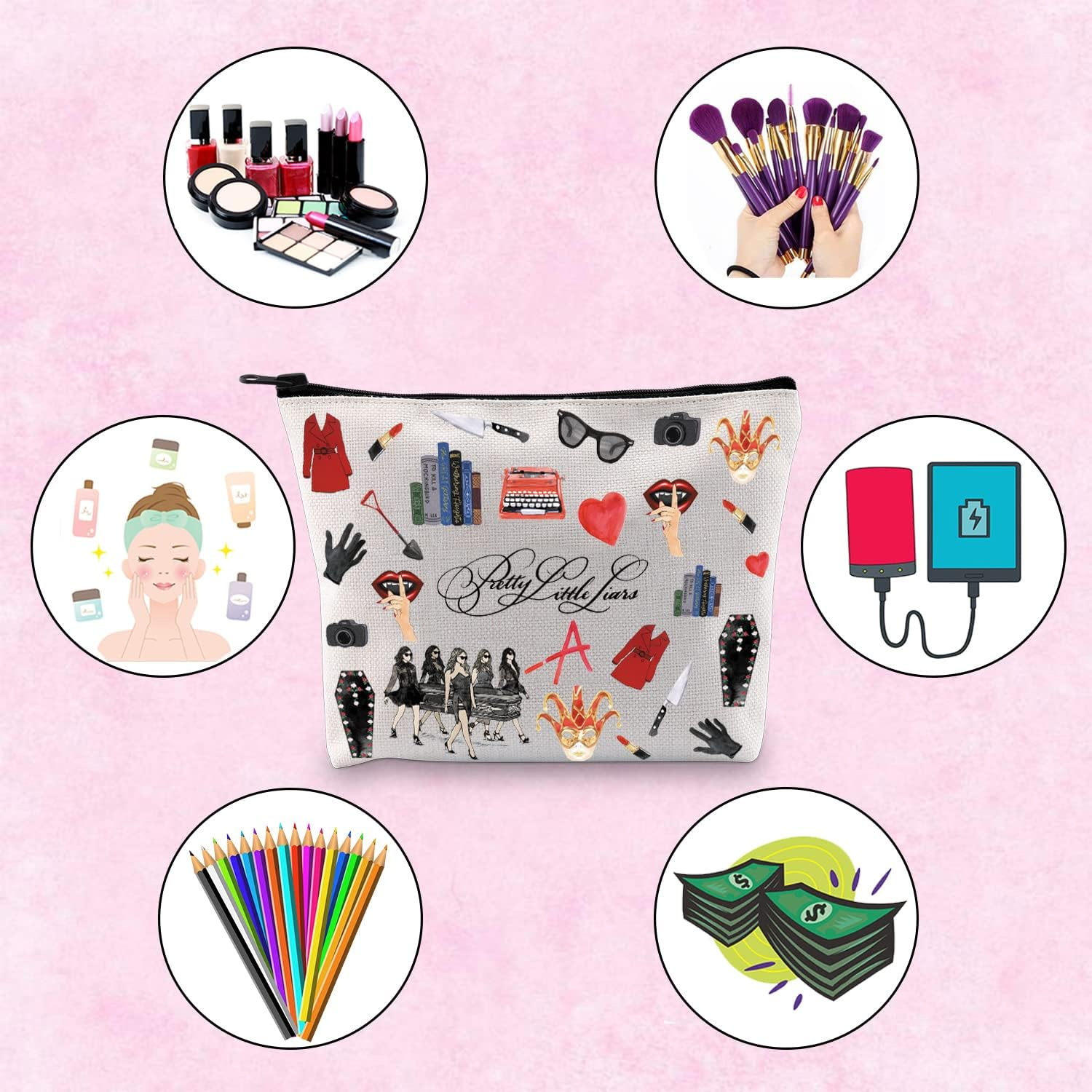 Little Liars Makeup Bag Scheming Girl Zipper Pouch Gift for Women Gossip Girl Original Sin, 米色, Pretty Little Liar-Uk image number 5