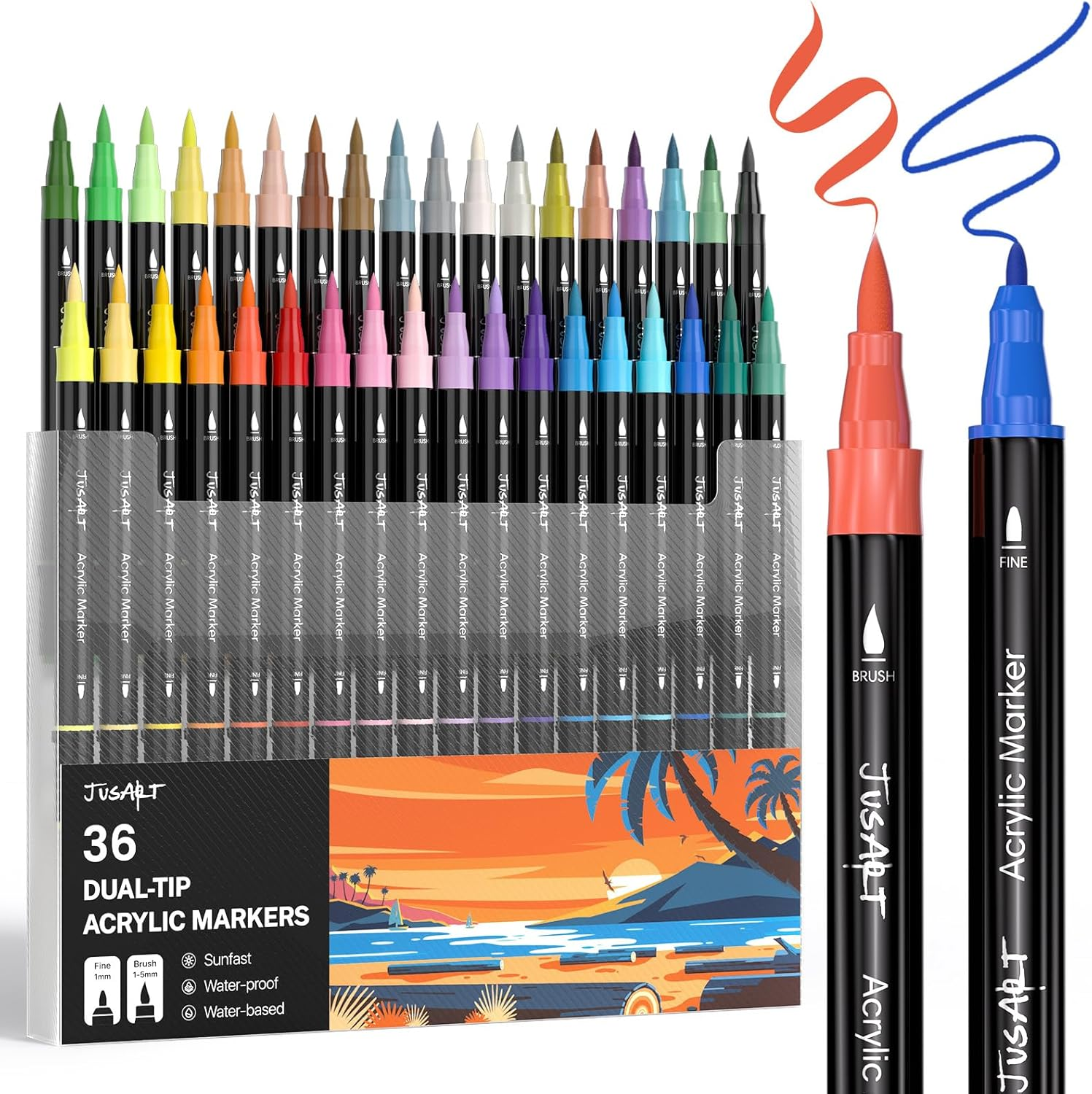 Jusart 48 Colors Dual Tip Acrylic Paint Pens Markers, Brush and Fine Tip, Premium Paint Pens for Wood, Canvas, Egg, Stone, Fabric, Rocks, Metal, Glass, Ceramic, DIY Crafts Making Art Supplies Gifts