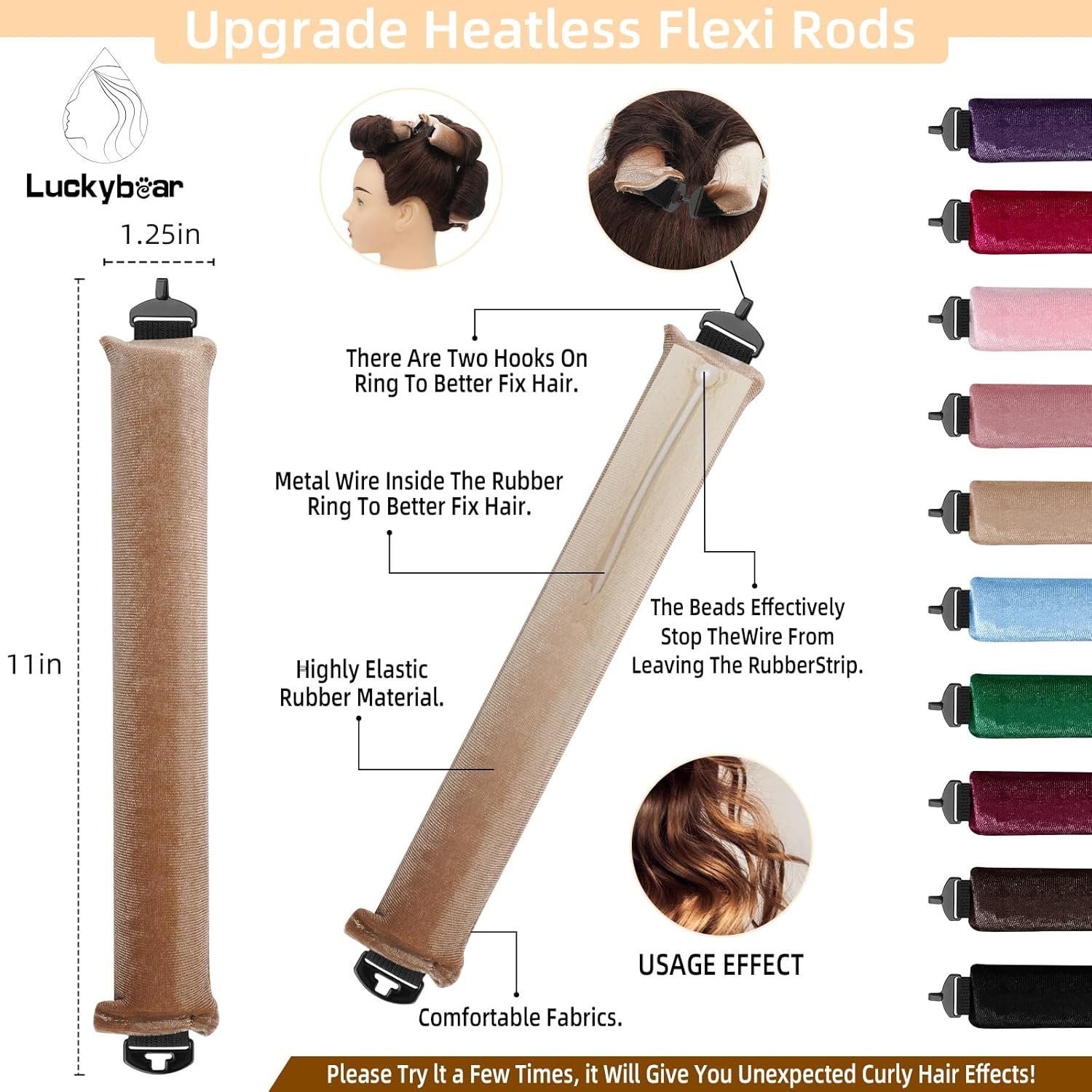 Overnight Heatless Hair Curler Blowout Rods Jumbo, Heatless Curls Satin Jumbo Flexi Rods to Sleep In,Soft Heatless Rod for All Hair Types,No Heat Overnight Sleeping Curls Styling Tools 3Pcs Khaki image number 1