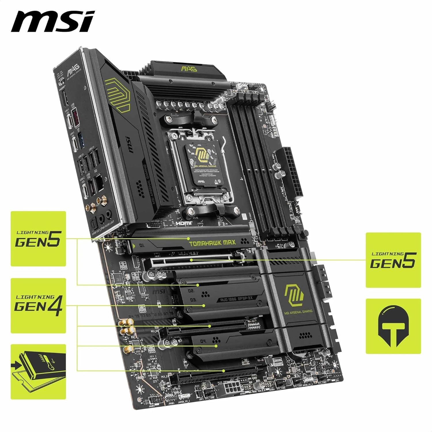 MSI MAG B850 Tomahawk MAX Wifi Motherboard, ATX - Supports AMD Ryzen 9000/8000 / 7000 Processors, AM5-80A SPS VRM, DDR5 Memory Boost 8400+ Mt/S (OC), Pcie 5.0 X16, M.2 Gen5, Wi-Fi 7, 5G LAN