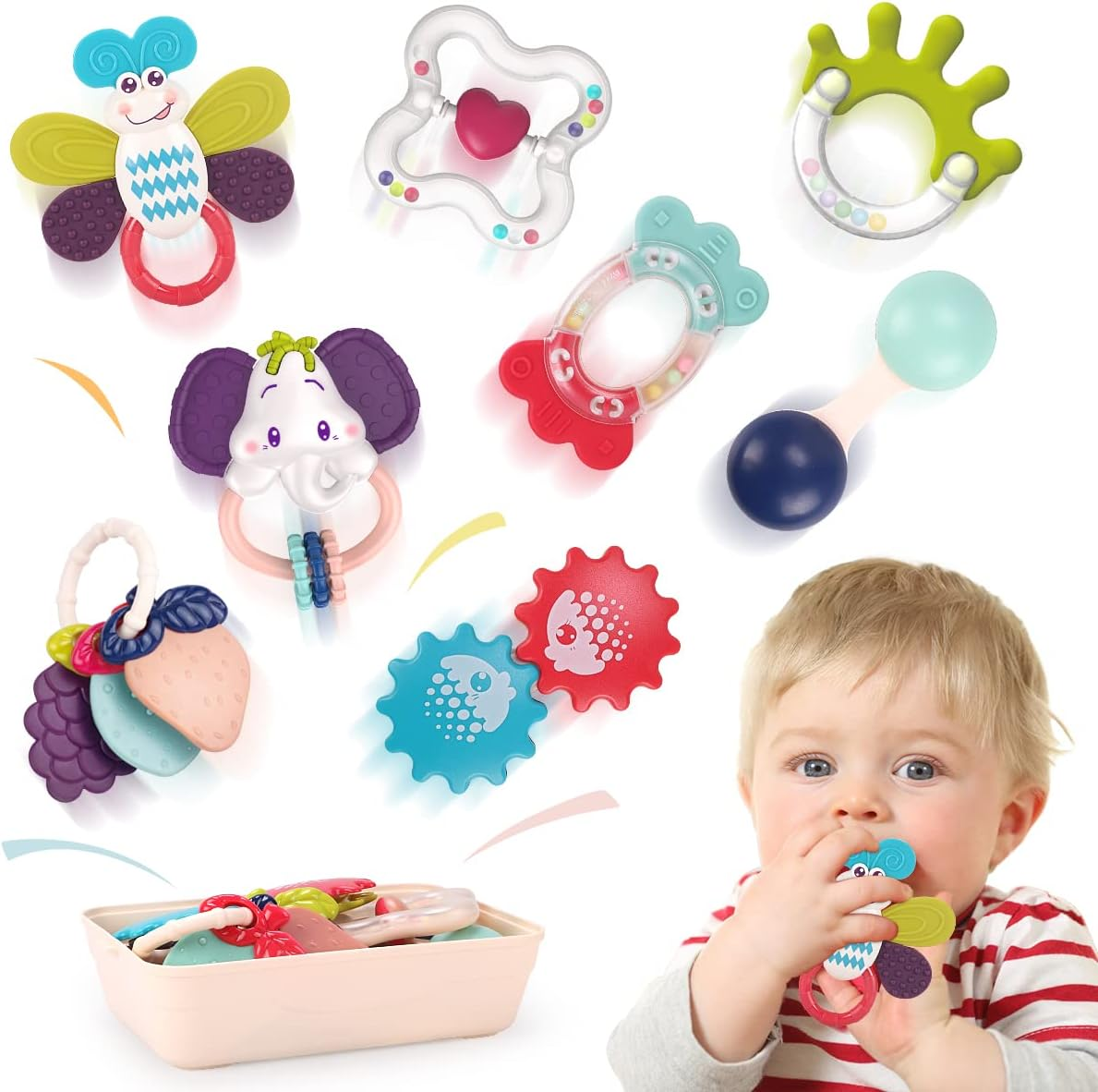 REMOKING Baby Toys 0-6 Months,8Pcs Baby Rattles Teething with Storage Box for Newborn Essentials,Newborn Infant Sensory Toys 3-6 6-12 Months,1St Birthday Shower Gifts for Baby Girls Boys image number 3