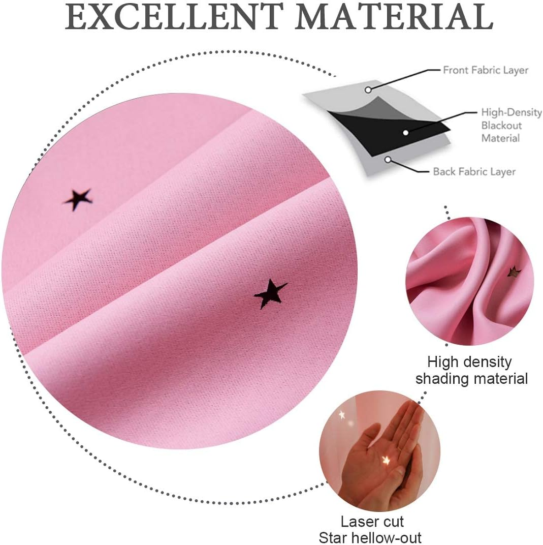 UNISTAR 2 Panels Stars Blackout Curtains for Bedroom Girls Kids Baby Window Curtain Double Layer Star Cut Out Aesthetic Living Room Decor Wall Home Decorations Curtain,W52 X L84 Inches,Pink image number 3