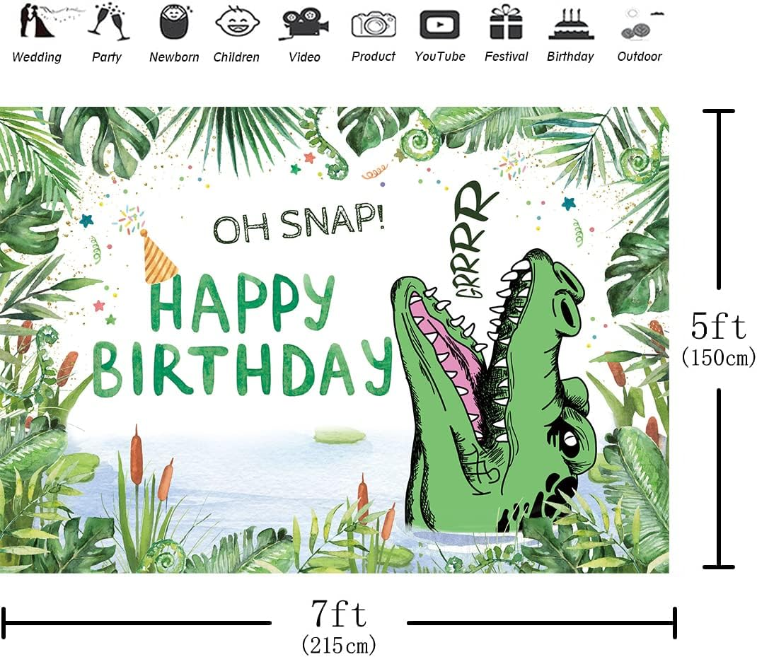 Hilioens 7&times;5Ft Crocodile Birthday Backdrop Cartoon Crocodile Kids Boys Birthday Party Decorations Green Leaf Oh Snap Background Banner Supplies image number 2