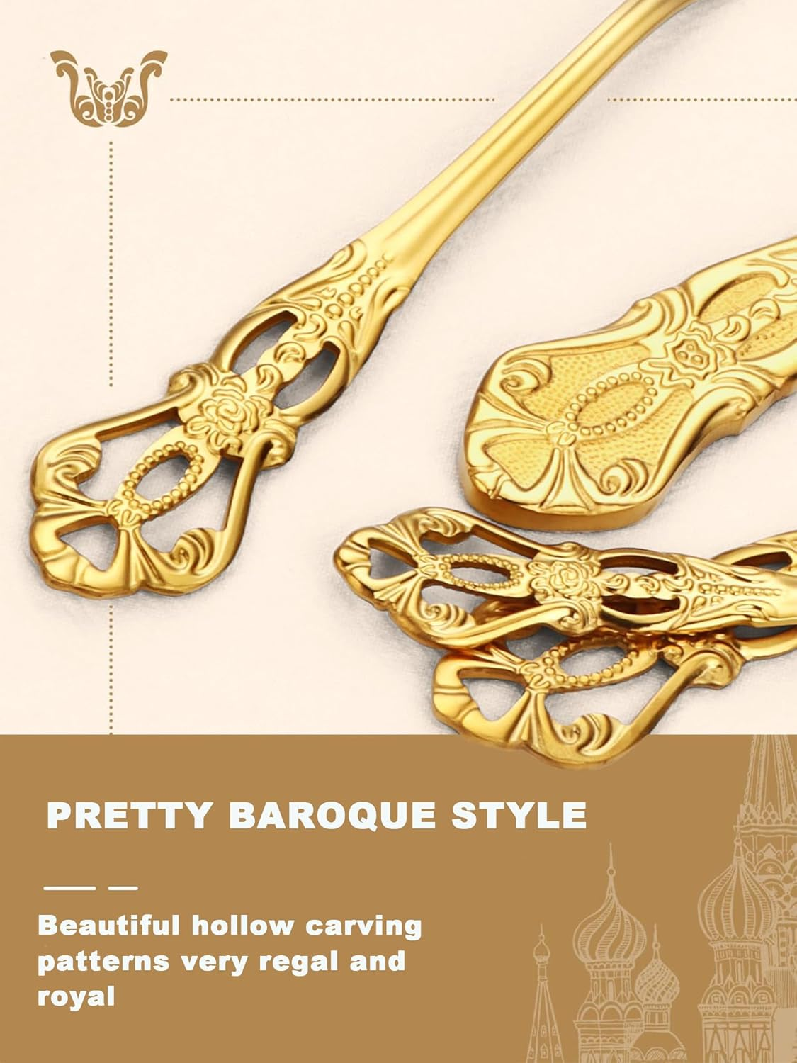 SHEUMNT Retro Gold Silverware Set for 4, Gorgeous 20 Pieces Stainless Steel Golden Flatware Set, Service for 4, Anti-Rust Dark Utensils Fork Spoon Knife, Antique Baroque Cutlery Set - Silver image number 3