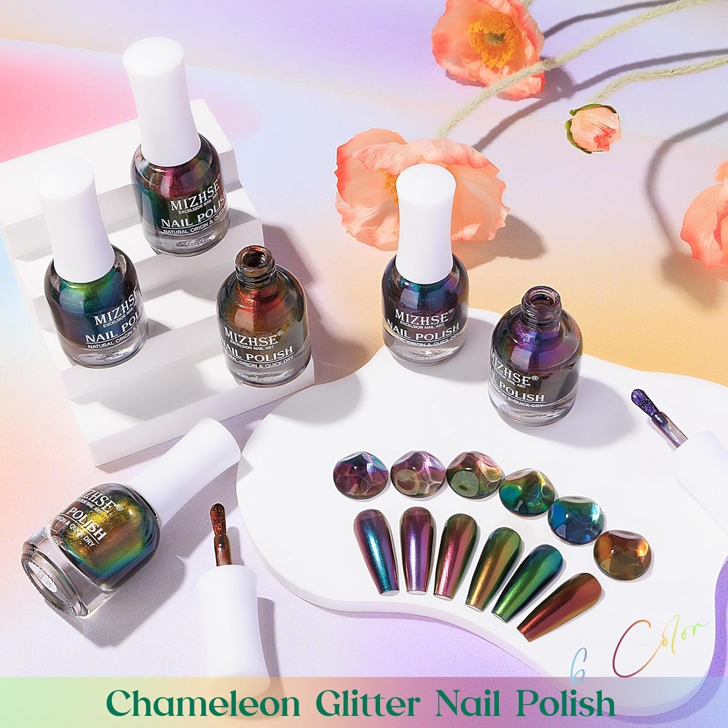 MIZHSE Chameleon Nail Polish, Green Nail Polish Air Dry Fast, 15Ml/0.5 Fl Oz High Glossy Shiny Nail Pigment Holographic Nail Polish Nail Art Salon Manicure Home image number 5