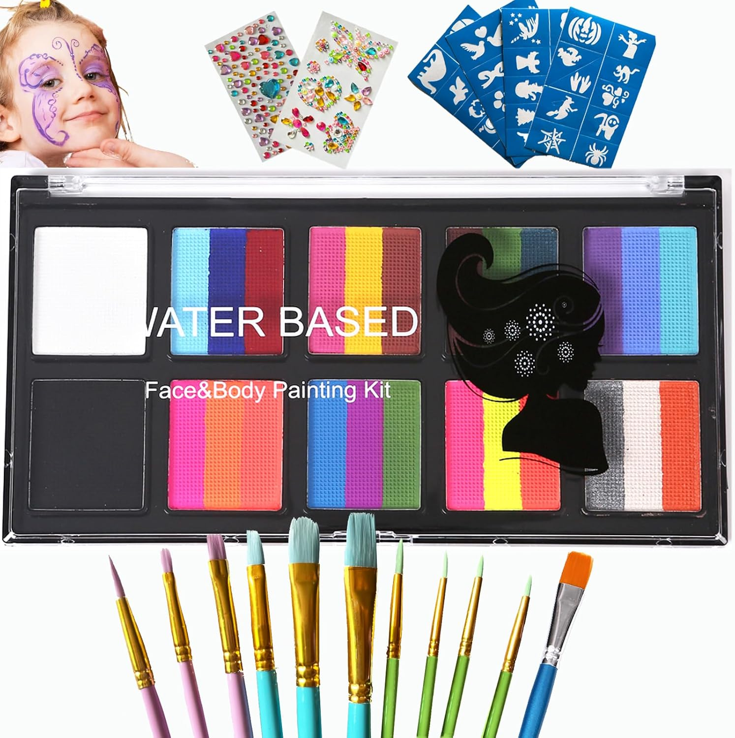 Professional Face Painting Kit with Stencils - 10 Split Cake Face Paint Palettes, Rainbow Non-Toxic Water-Activated Facepaint Makeup Kit for Kids, Adults, Parties, Halloween, Christmas