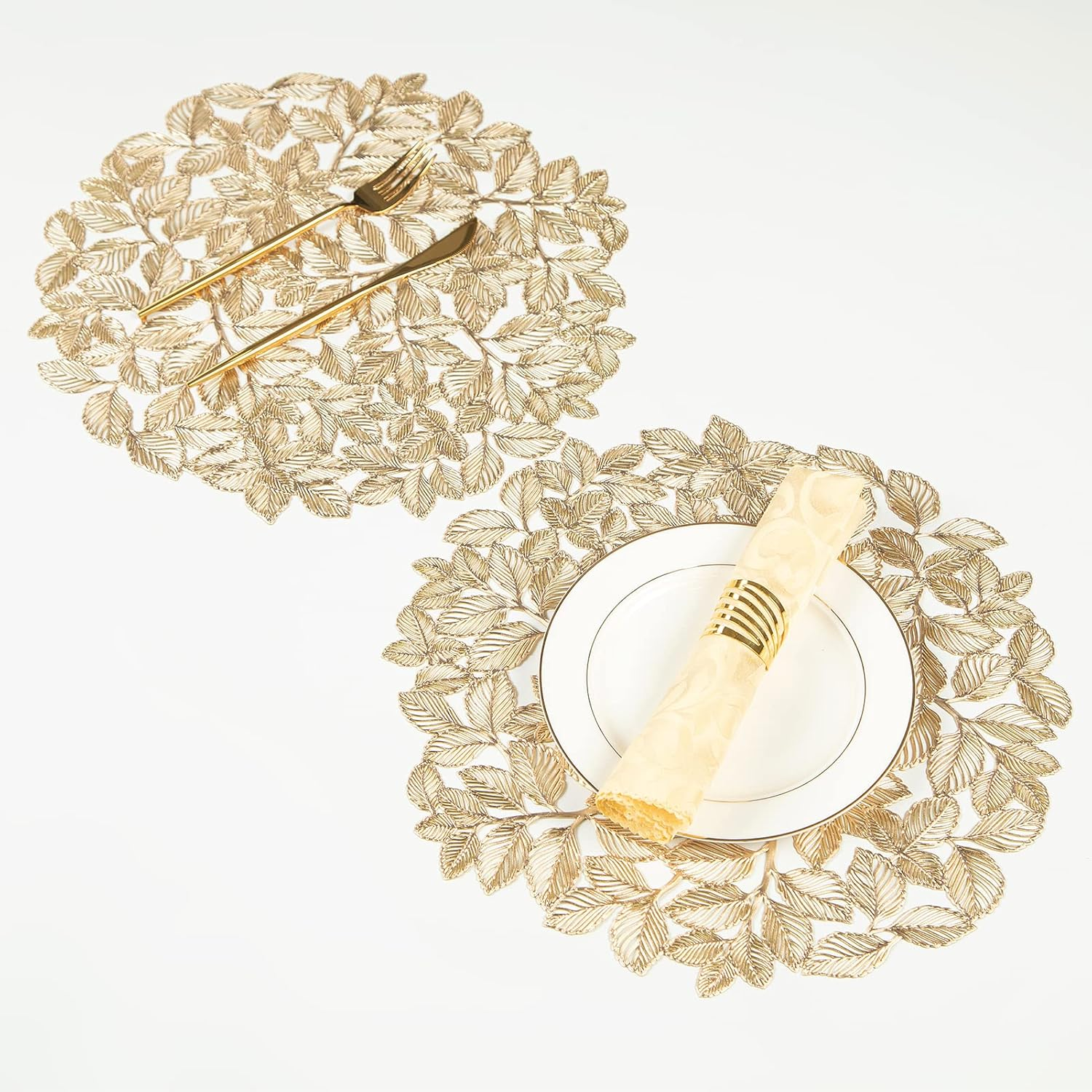 Gold Leaf Placemats Set of 8 Metallic round Placemats Wipeable Waterproof Table Mats for Kitchen Dinner Indoor Outdoor Wedding image number 5