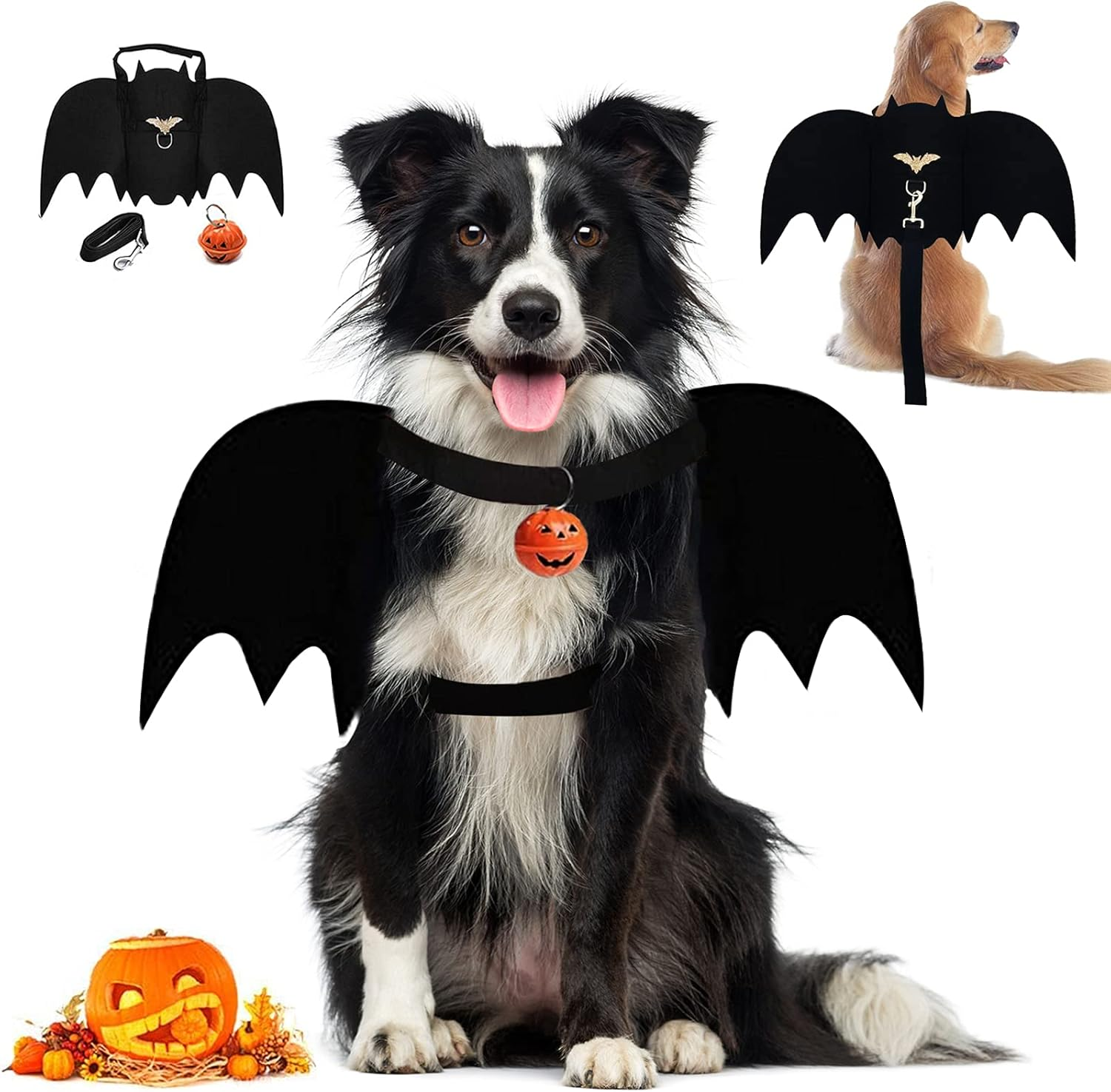 LKEX Dog Bat Wings, Pet Halloween Costume for Medium Large Dogs Funny Dog Clothes with Leads and Pumpkin Bells Puppy Dress up Halloween Decorations Apparel image number 6