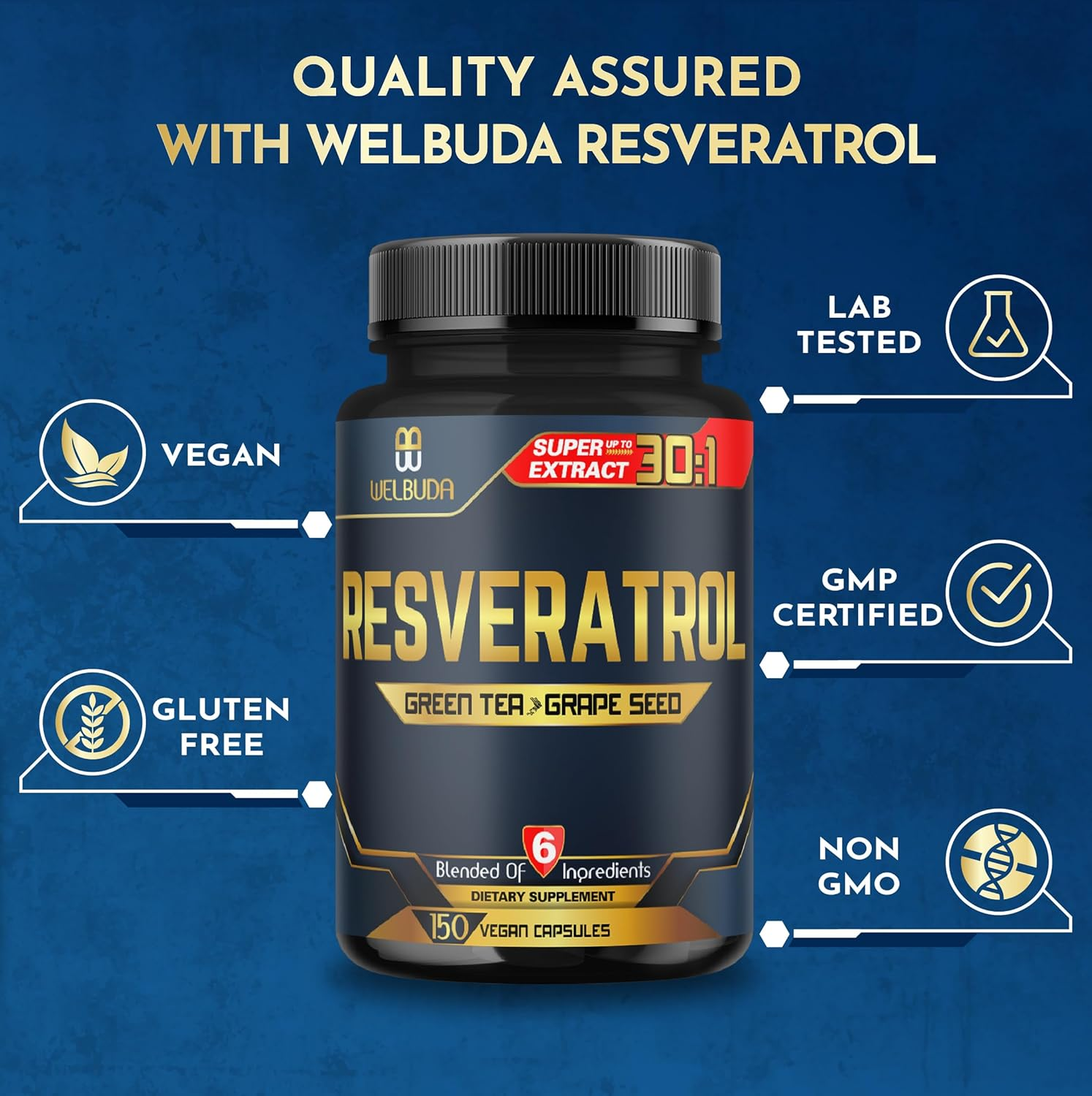 6In1 Resveratrol Supplement 28000Mg - 150 Capsules for Anti-Aging, Mind, Heart, Mood & Immunity Support - Green Tea, Grape Seed, Acai Fruit, Quercetin & Red Wine - 75-Serving Supply image number 3