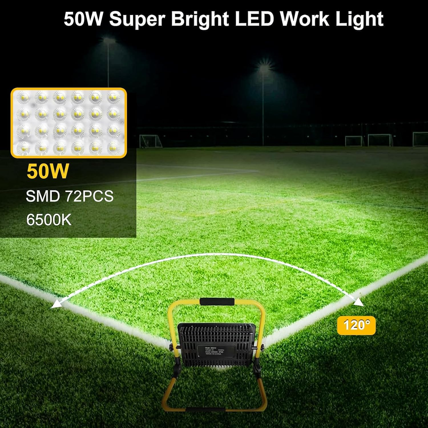 LED Work Light, 50W 5000LM Work Lights with Stand, 6500K Super Bright Flood Lights Outdoor, 13.1Ft 4M Cord with Plug, IP66 Waterproof Portable Worklights for Job Site Workshop Garage Construction Site image number 5