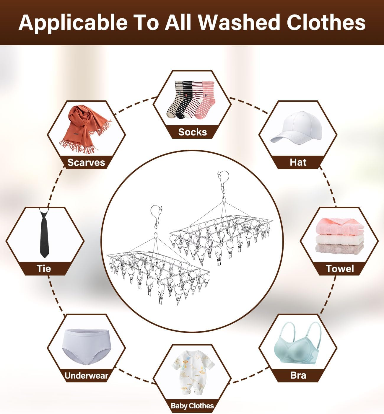 Stainless Steel Clothes Drying Rack - 40 Pegs Folding Sock Dryer with Clips Windproof Hook for Sock, Drying Bras, Lingerie, Clothes, Towels, Scarves, Underwear Hanger for Washing Line Accessories image number 6