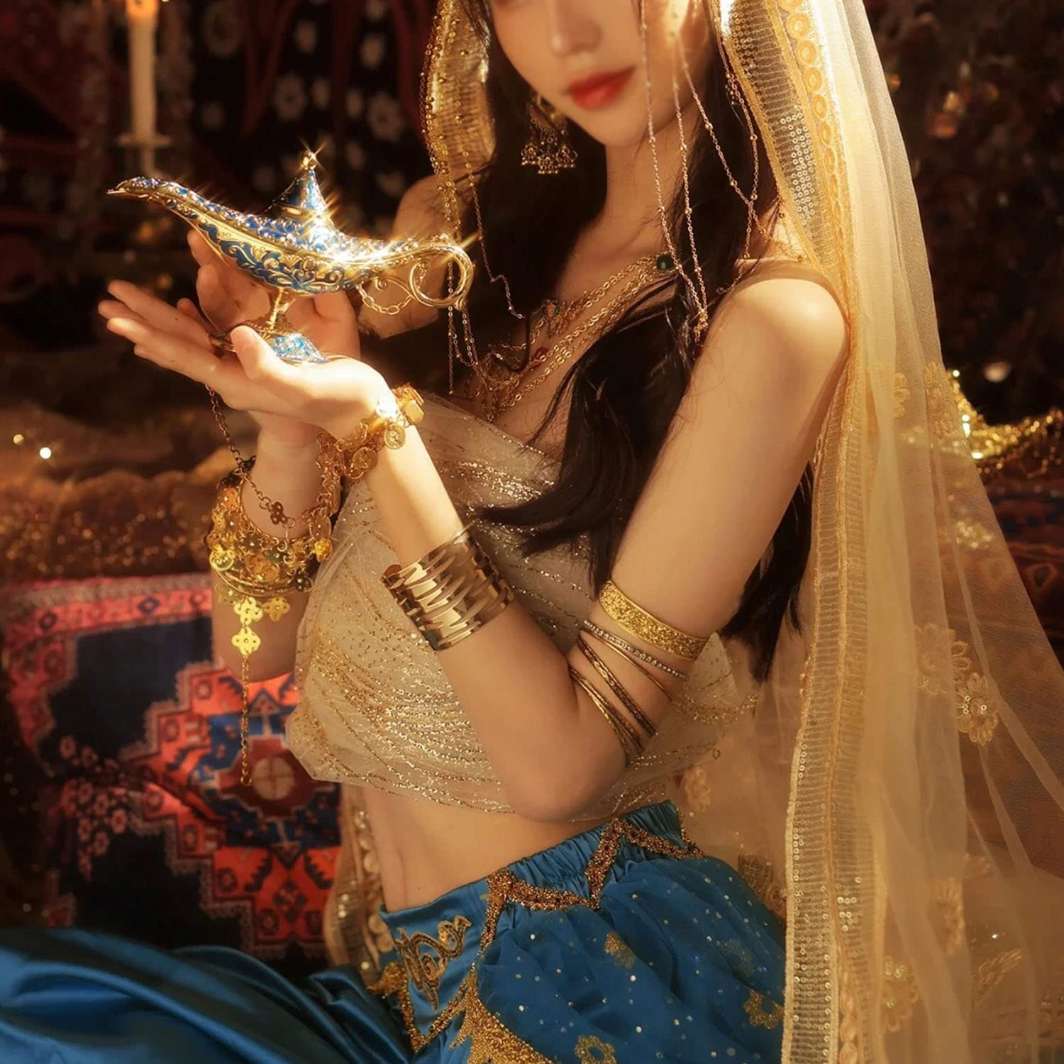 AVESON Classic Vintage Collectable Rare Legend Aladdin Magic Genie Costume Lamp Home Table Decoration & Gift, Golden Green - Gold image number 7