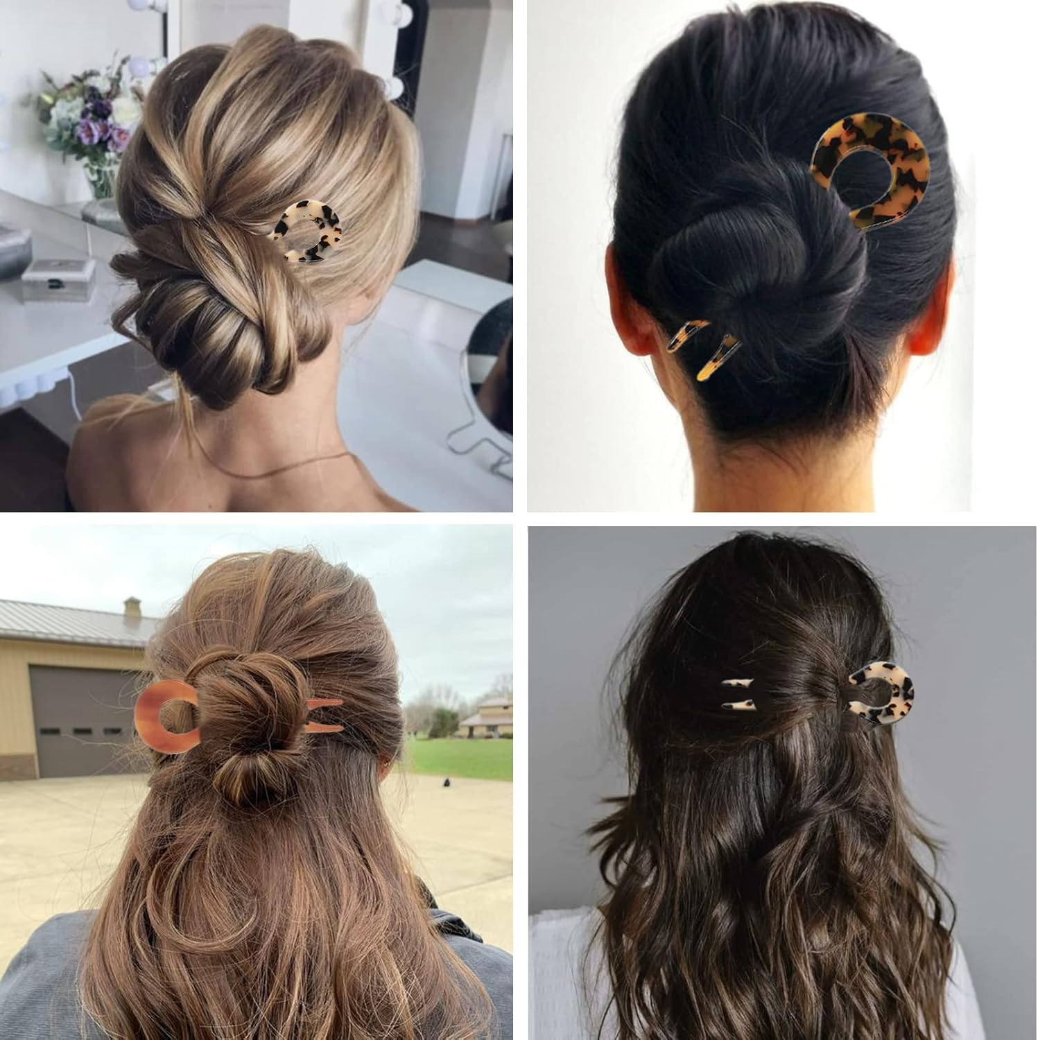 Yosaihom 3 PCS U Shaped Hair Pins, French Hair Pins Hair Forks Acetate Long 5.3Inch, 2 Prong Bun Pins, Chignon Pins Hair Stick for Women Thick Hair