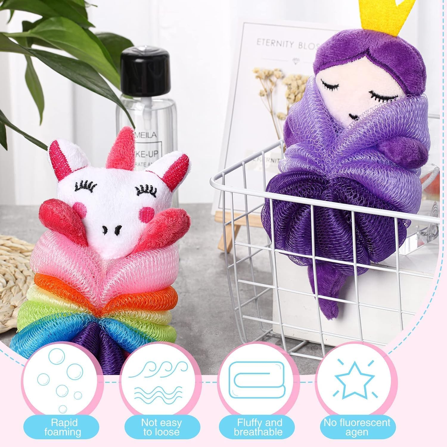 2 Pcs Bath Loofahs for Kids and Toddlers, Cute Cartoon Mesh Body Sponges, Gentle Shower Scrubber for Children, Exfoliating Pouf (Unicorn, Princess) image number 4