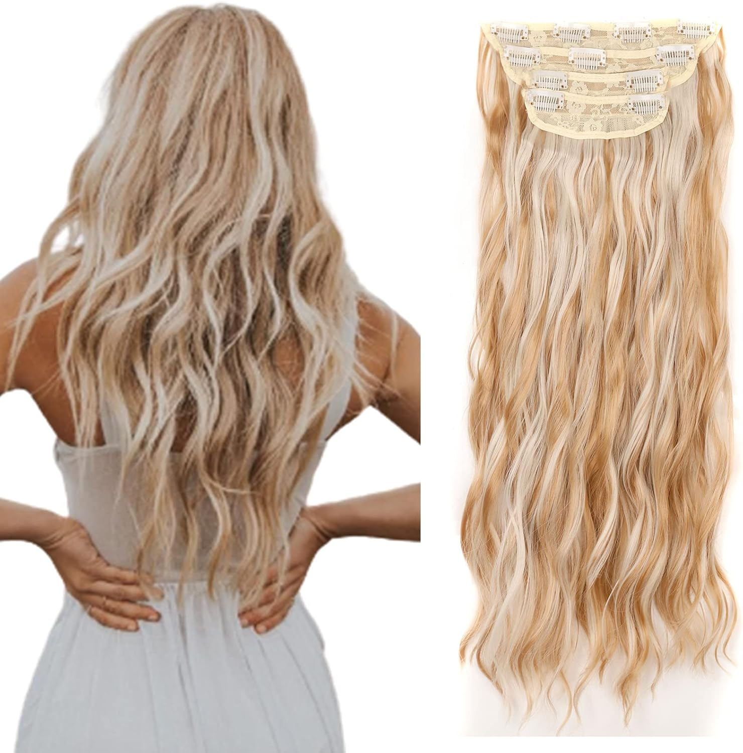 Cybelleza 50 Cm Clip-In Hair Extensions, Hairpiece like Real Hair, 6 Wefts, Wavy Cheap Hair Thickening, Curly, Wavy Curly Hair Extension, Synthetic Hair, Natural Blonde & Bleach Blonde