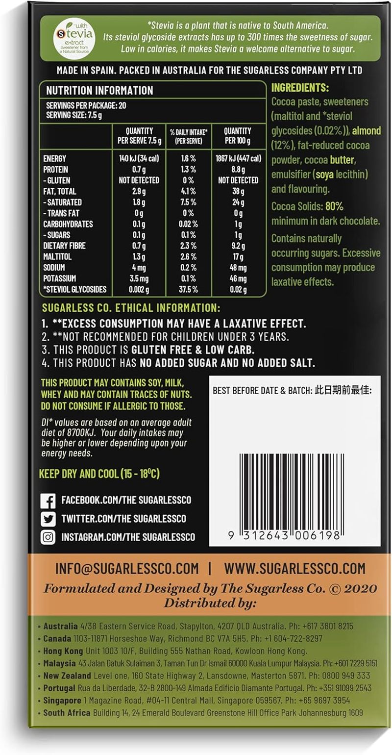 Sugarless Confetionery Dark Chocolate & Almond with Stevia 150G image number 2