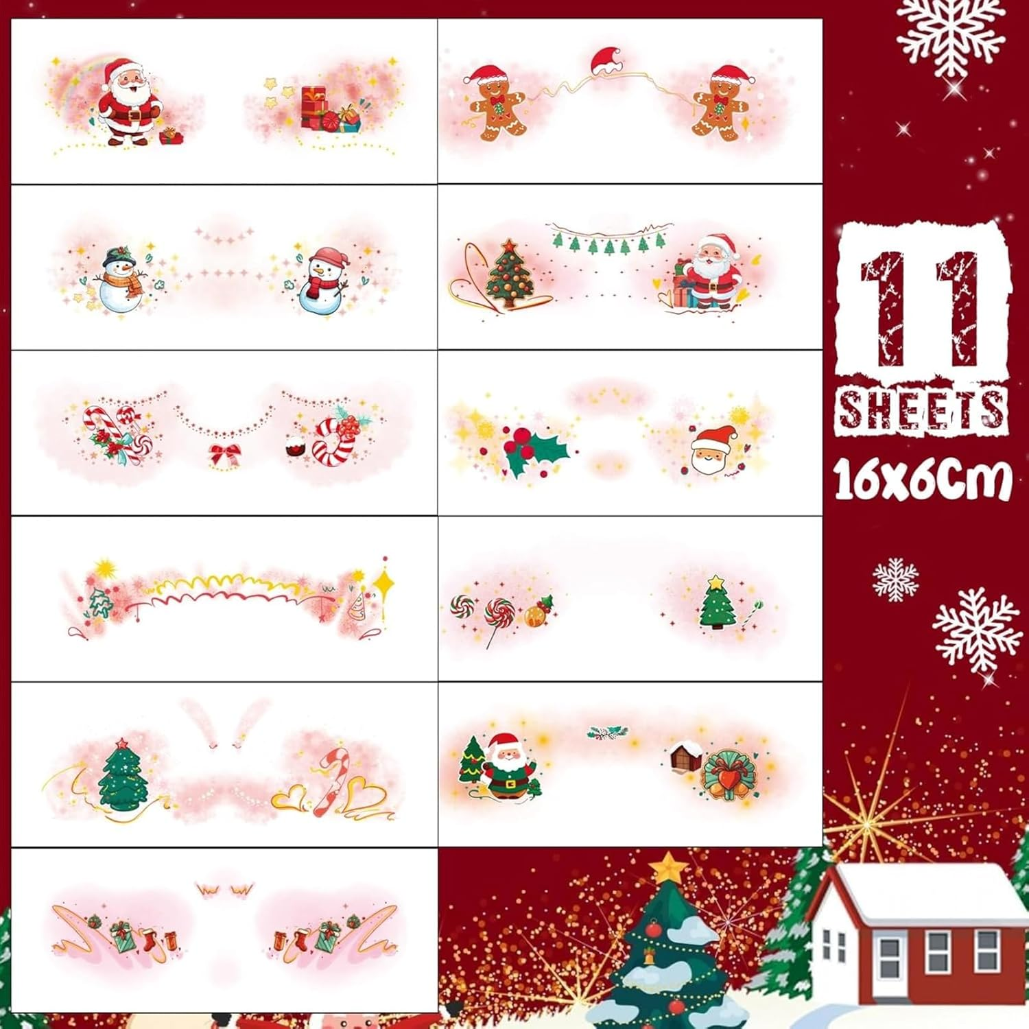 Itadaku 12 Sheets Christmas Temporary Face Tattoos, Cartoon Santa Claus, Snowman, Tree, Gingerbread Man, DIY Holiday Decorations image number 1