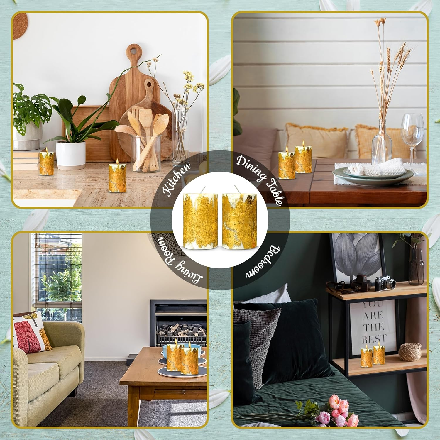 Apexor 2‑Pack Gold Foil Pillar Candles &ndash; Lavender Scented, Dripless White Candles for Home D&eacute;cor, Weddings & Gifts image number 5