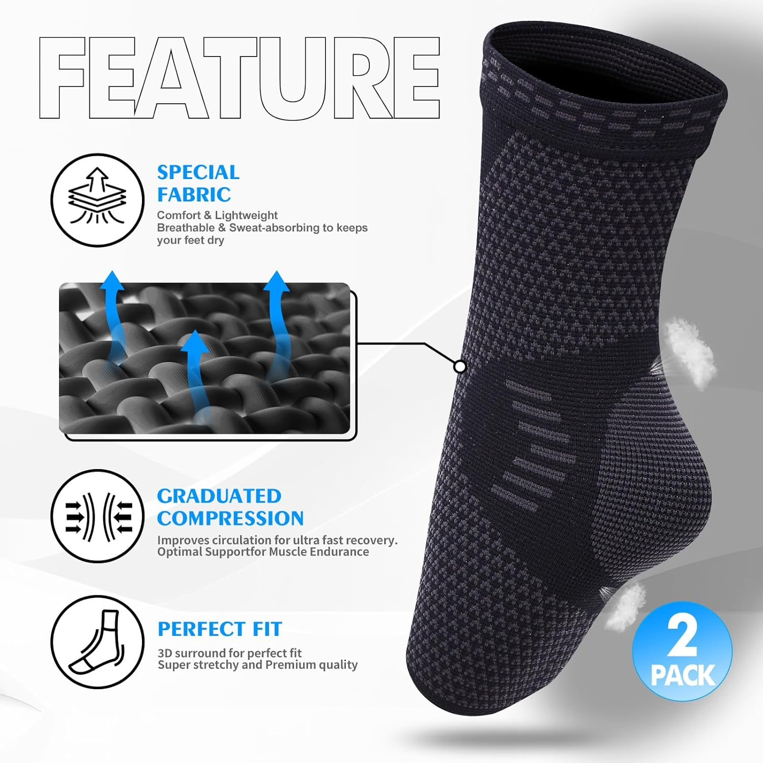 2 Pack Ankle Brace Support for Women/Men, Plantar Fasciitis Socks, Ankle Compression Sleeve Socks Support for Sprained Ankle, Achilles Tendonitis, Arthritis, Pain Relief, Running, Sports image number 4