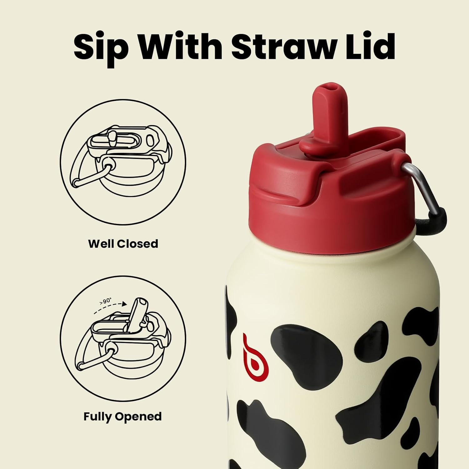 BOTTLE BOTTLE 32 Oz Insulated Water Bottle Stainless Steel Sport Water Bottle with Straw Dual-Use Lid Design for Gym with Pill Box (Cow) image number 1
