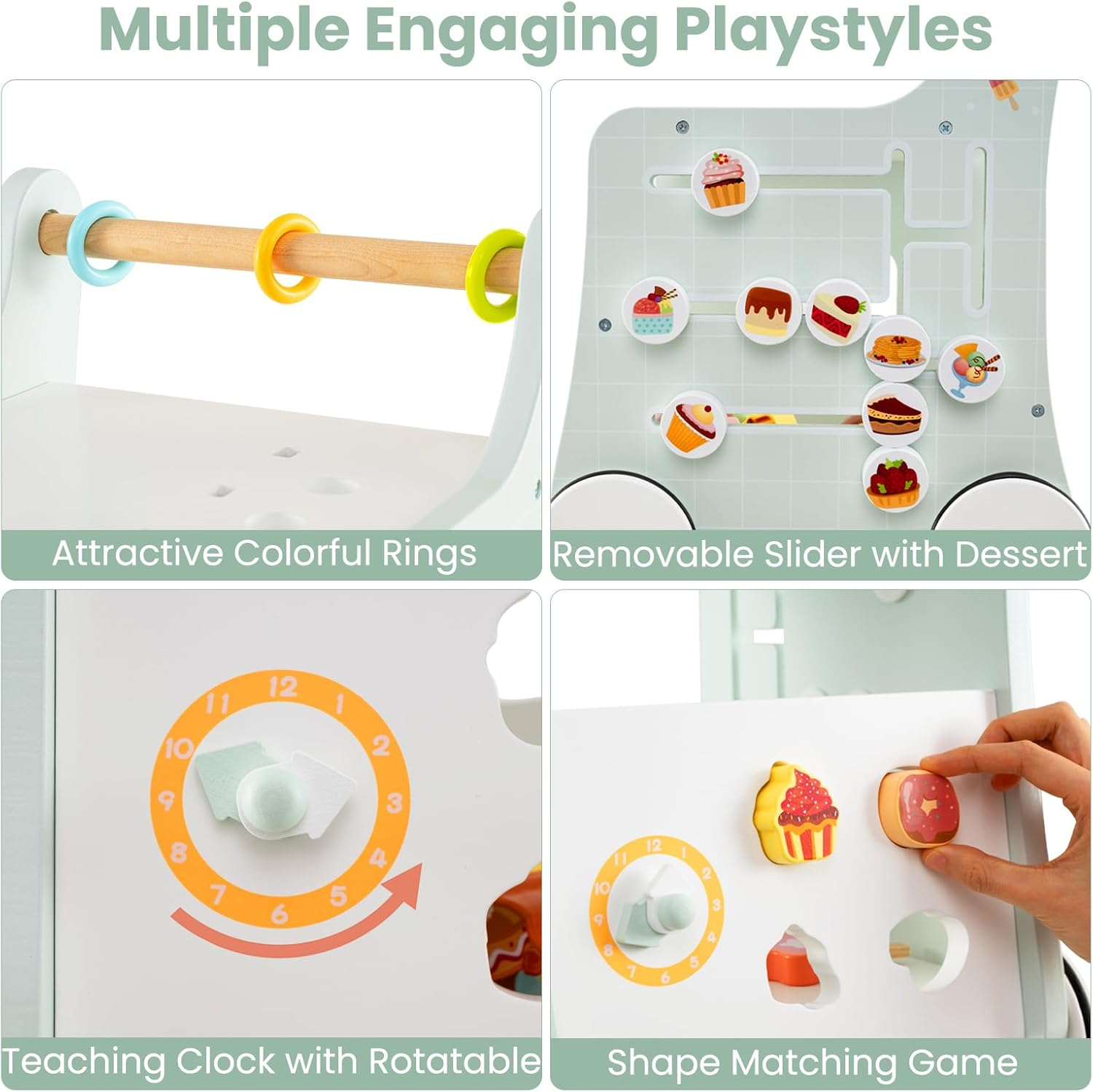 INFANS 6 in 1 Wooden Baby Walker, Play Kitchen Playset, Toddler Push Learning Activity with Wheels Shape Sorter Movable Slider, Montessori Educational Toy for Girls Boys 1-3 Years