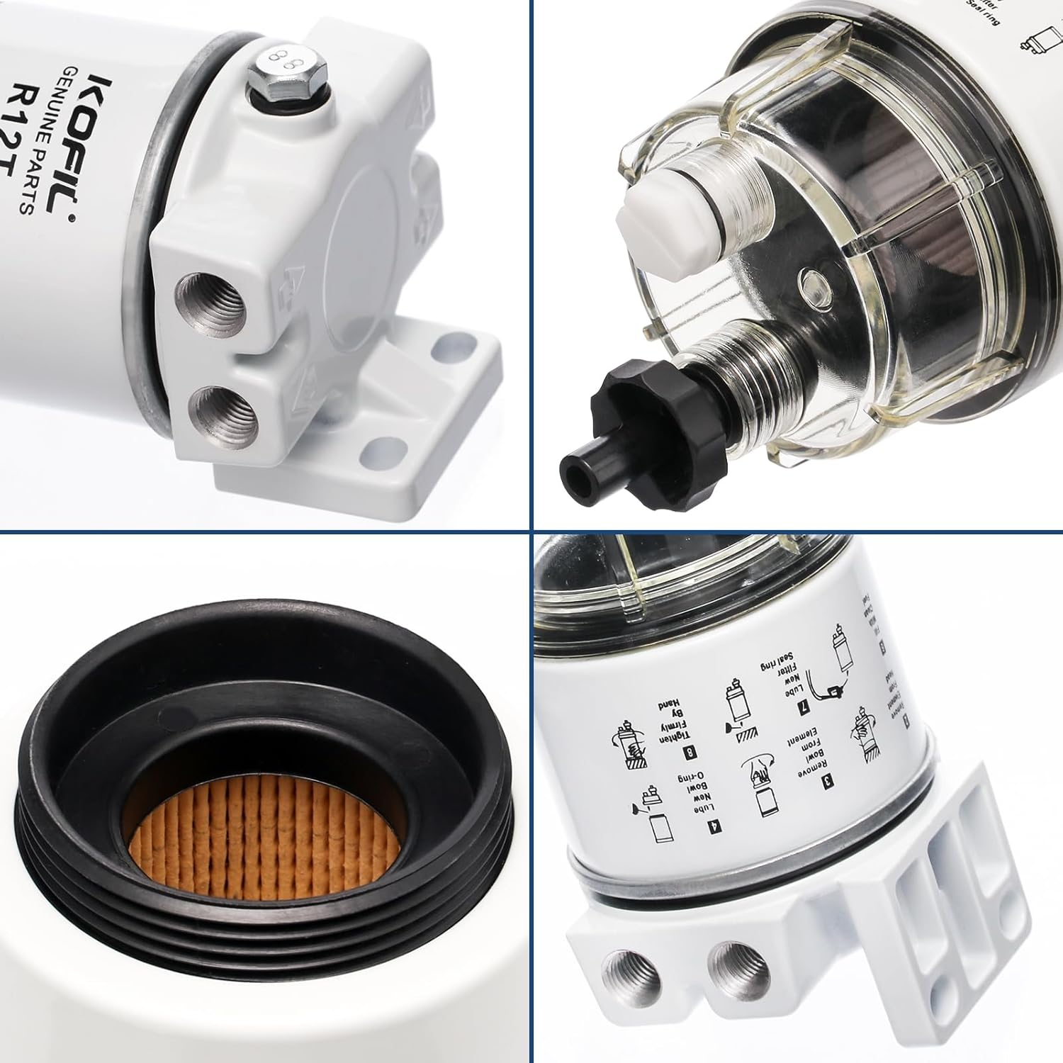 R12T Fuel Water Separator Marine Fuel Filter/Water Separator Assembly, for Outboard Motor Marine Engine, Replaces# S3240 120AT with 2 3/8" Barb &times; 1/4" NPT Male Fittings 2 Plugs,10 Micron - R12T Assembly With 2 Elements image number 6