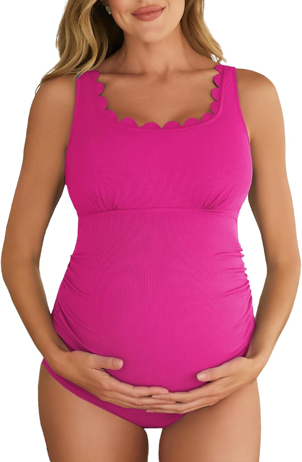 Summer Mae Ribbed Maternity One Piece Swimsuit Scalloped Cut Out Pregnancy Bathing Suit Square Neck Swimwear