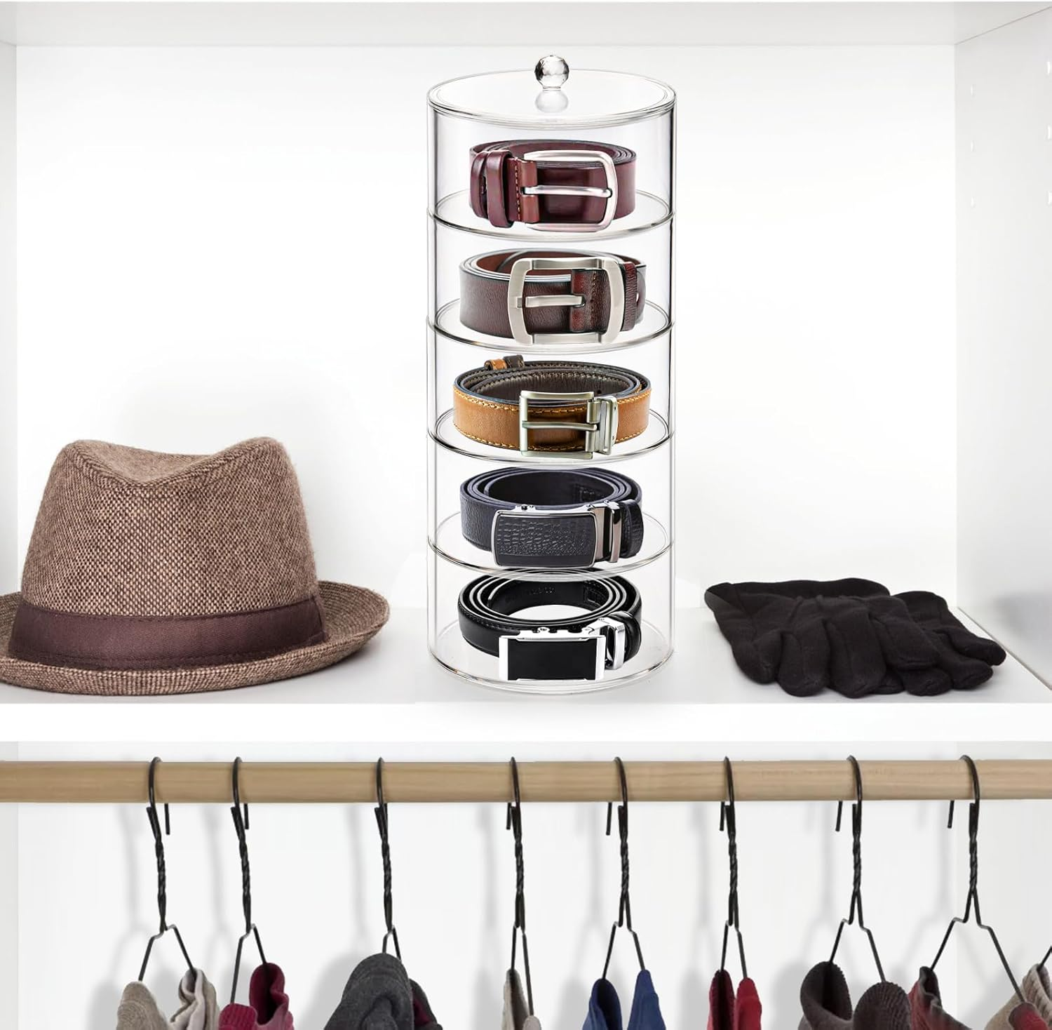 ZENFUN 5 Layers Acrylic Belt Organizer, Stackable Belt Storage Box Clear Display Case Vanity Organizer for Watch, Hair Accessories, Jewelry, Closet and Drawer, 2.6" H X 5.5" Dia image number 5