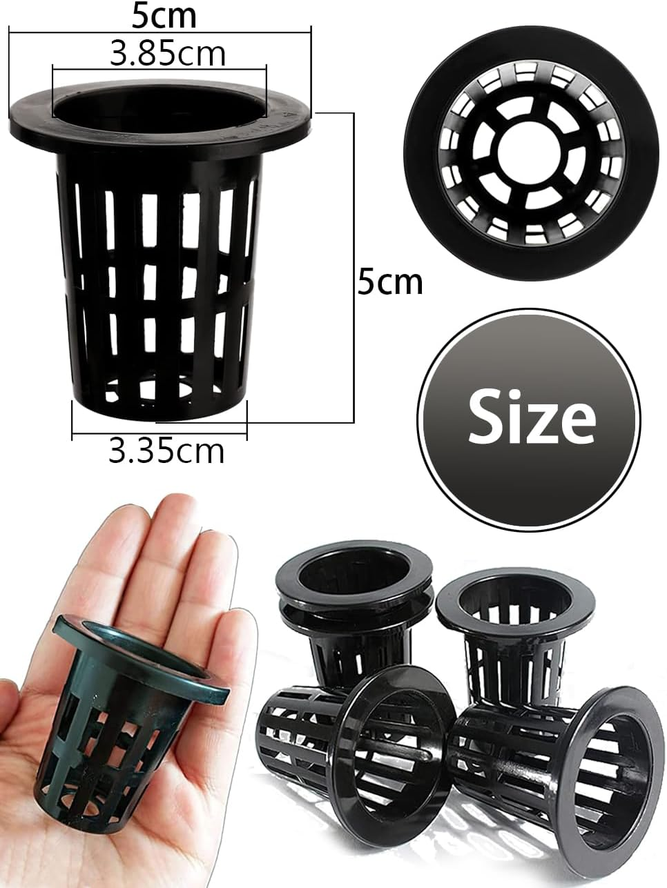100 PCS 5CM Garden Slotted Mesh round Net Cups, 2 Inch Lightweight Economy Heavy Duty BPA Free Plastic Cups, Wide Lip Bucket Basket Pot for Hydroponics Aquaponics (Black) image number 5