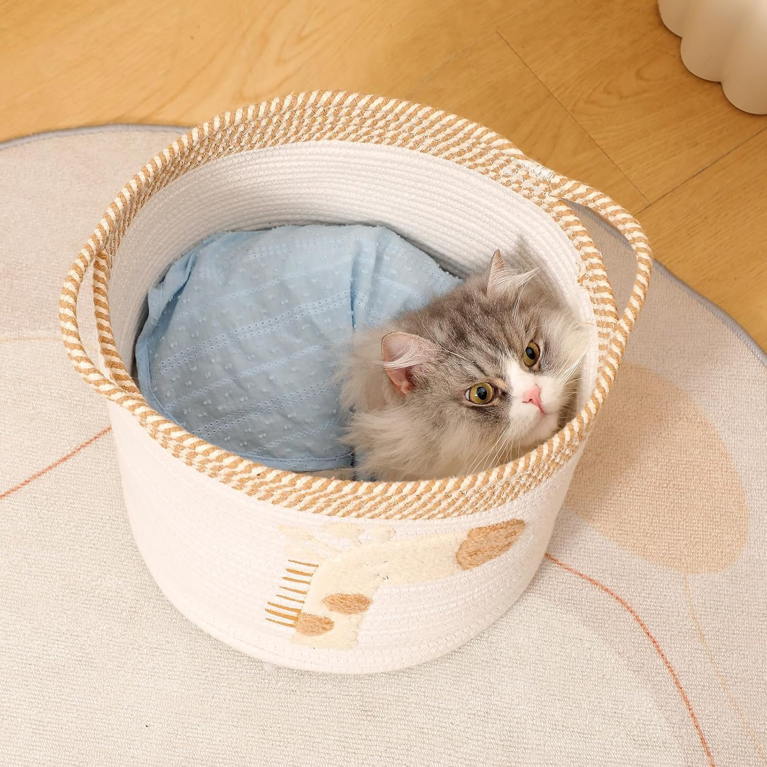 Inough Toy Storage Baskets Woven Cotton Rope Storage Basket for Kids, Blanket Baskets for Living Room Toys Organizer with Embroidery Decor, Cute Baskets with Handle for Nursery, Playroom (Giraffe) image number 6