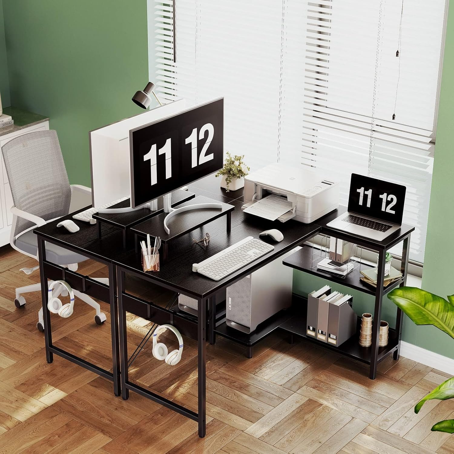 ODK L Shaped Computer Desk with Reversible Storage Shelves, 100 * 70 * 87.7Cm, Corner Desk with Monitor Stand&Headphone Hook, Home Office Desk, Modern Simple Writing Table, Black image number 2