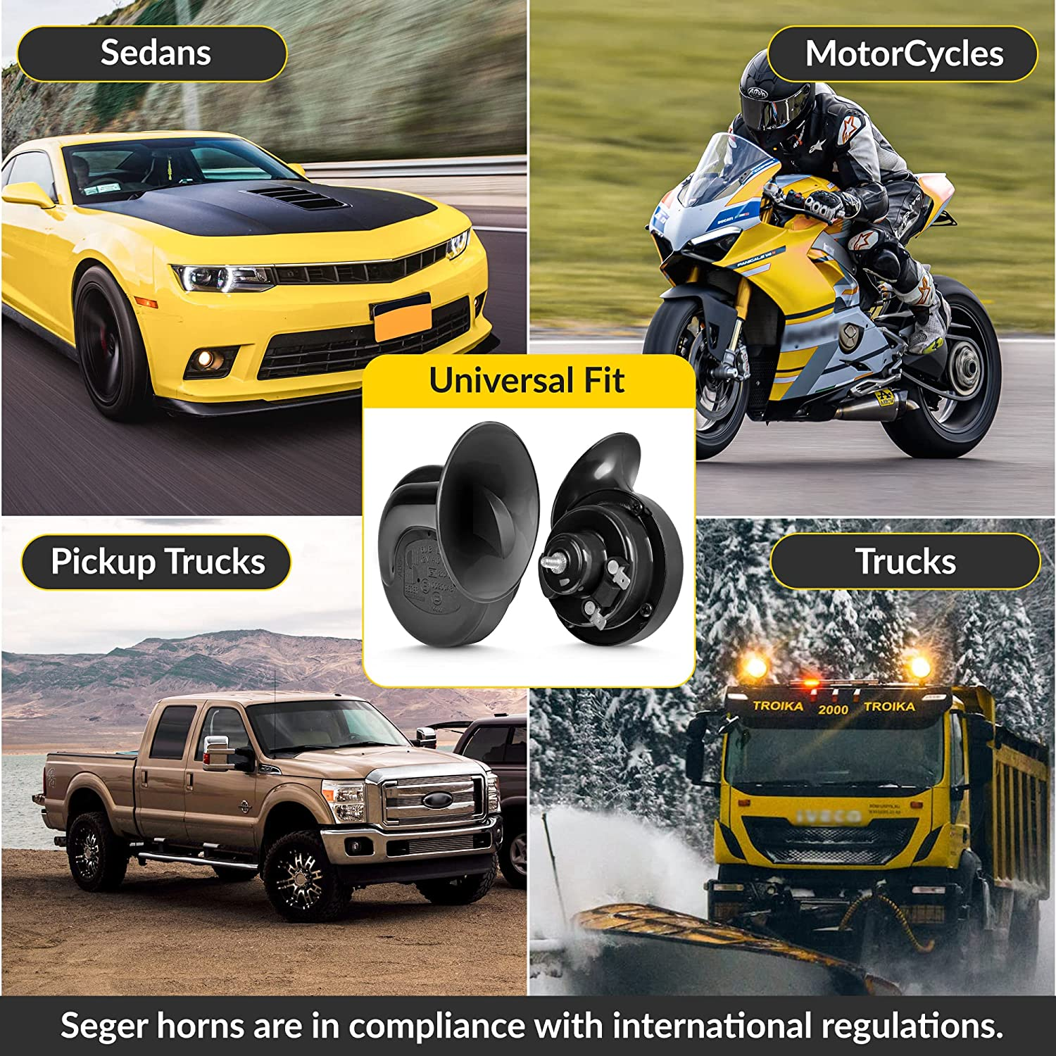 SEGER Trumpet Car Horn Set - Truck Horn - Waterproof - High/Low Tone, 12 Volt, Universal Fit - Original 60B Series &ndash; European Made 12V Loud Car Horns with Brackets and Assembly Kit image number 1