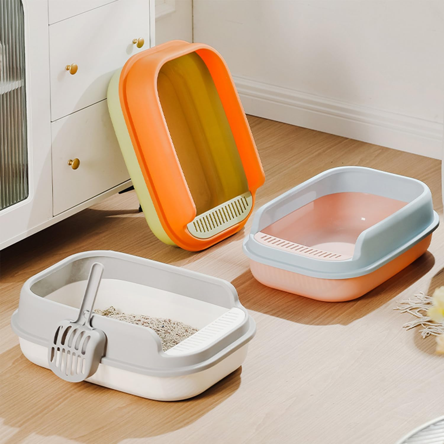 ERHAOG Cat Litter Box, 52 * 36 * 16 CM Open Top Litter Box for Big Cats and Multi-Cat Households, Scatter Shield, Easy to Clean image number 3