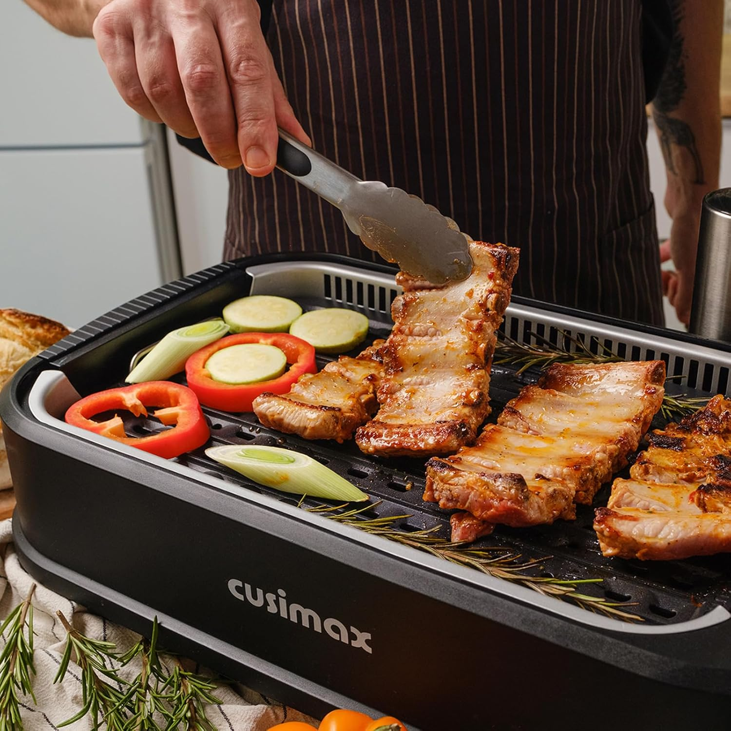 CUSIMAX Indoor Grill with Double Grill Plates, 1500W Electric Smokeless Grill with LED Smart Display & Tempered Glass Lid, Non-Stick Removable Grill & Griddle Plate, Easy to Clean
