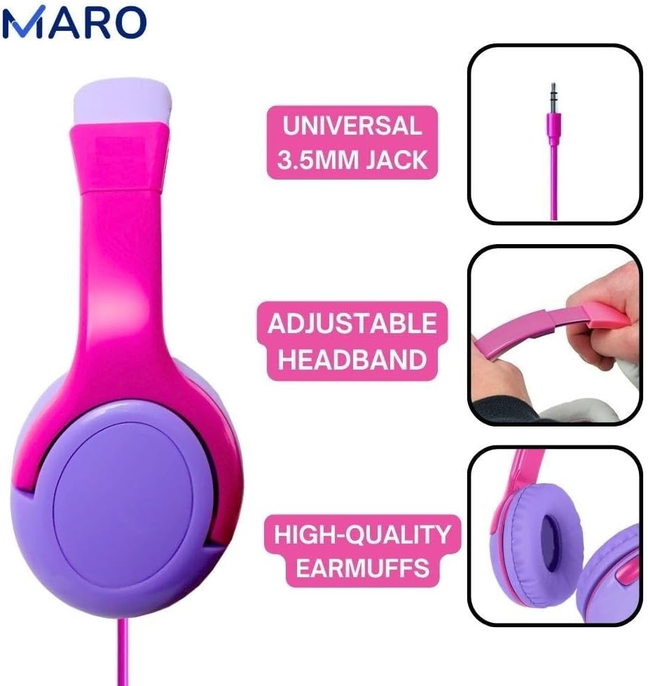 Maro Kids Headphones, Toddler over Ear Headset with Adjustable Headband, Hearing Protection, Volume Limit for Gaming, Music, Airplane, 3.5Mm Jack, Pink