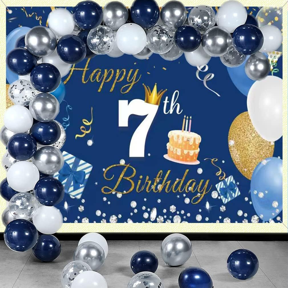 7Th Birthday Decorations Happy 7Th Birthday Backdrop Banner for Boys/Girls Happy 7 Years Old Fabric Sign Poster, Blue Photography Background Seventh Birthday Party Supplies, 59"X35.4" image number 2