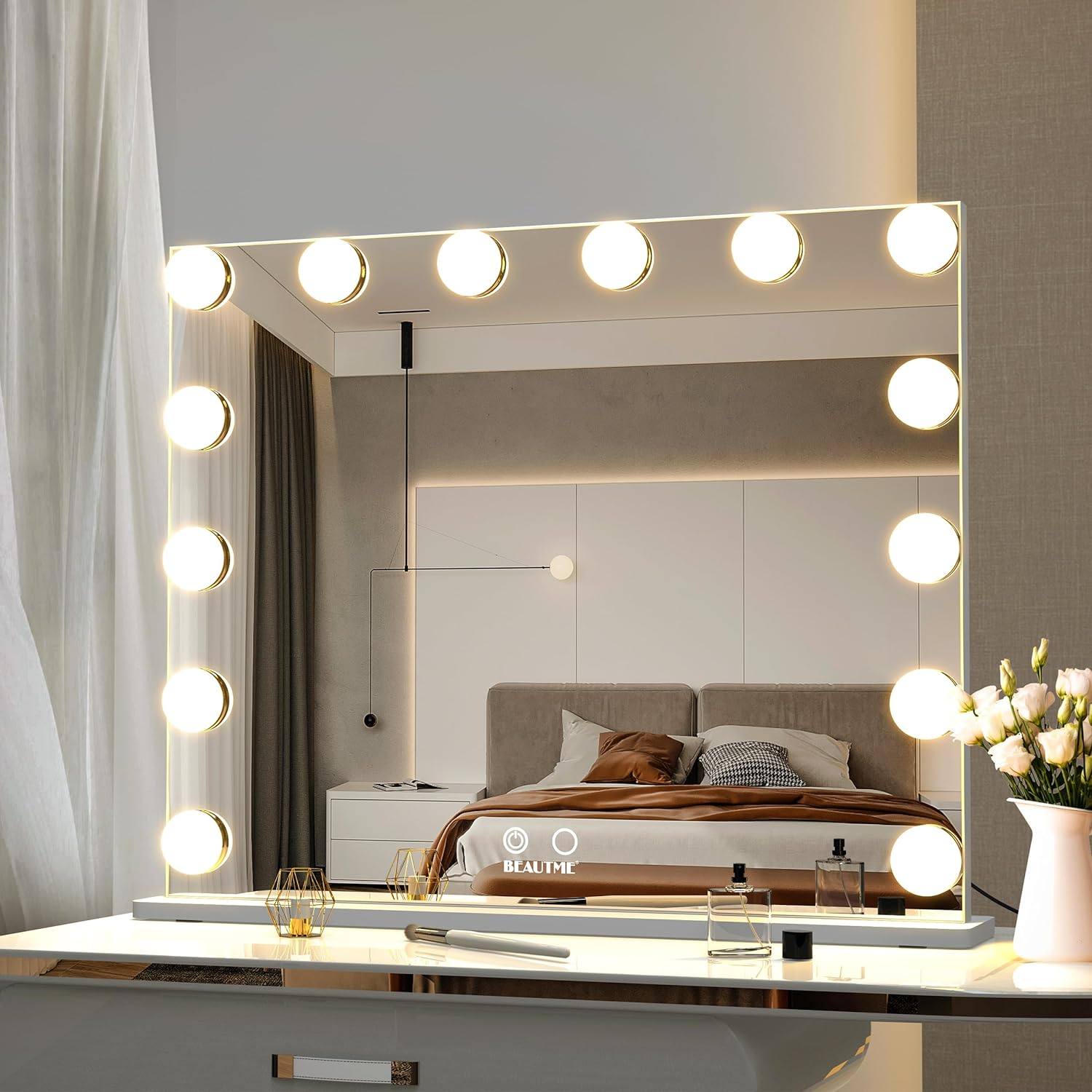 BEAUTME Vanity Mirror with Lights, Hollywood Makeup Mirror with Lights, Makeup Mirror with 16 Dimmable Led Bulbs, 3 Color Lighting Modes, Tabletop or Wall Mount, Black, 91.1&times;61.6Cm
