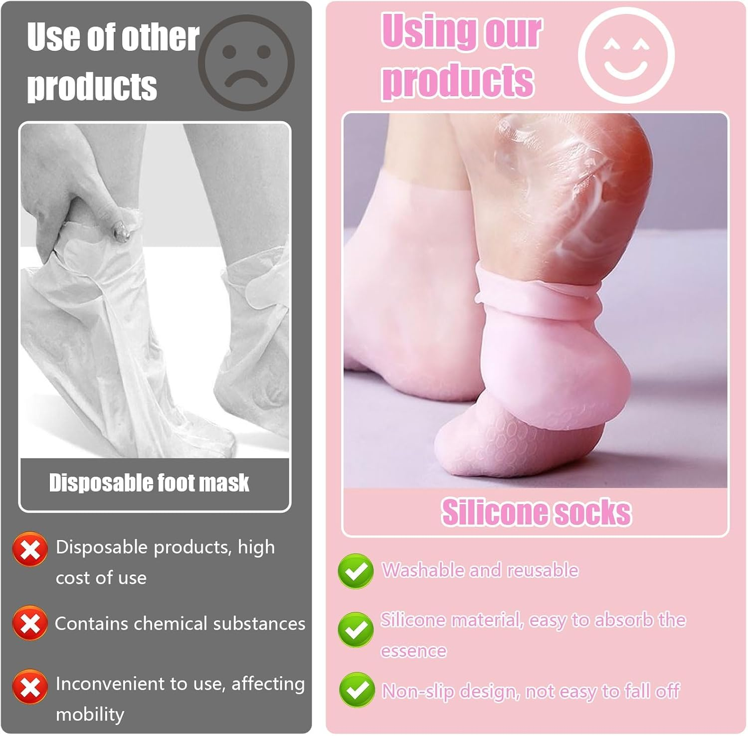 Silicone Socks for Women, 2 Pairs Moisturizing Foot Socks, Soft Gel Socks for Repairing Dry Cracking Foot Skin, Softening Rough Skin (Pink) image number 2