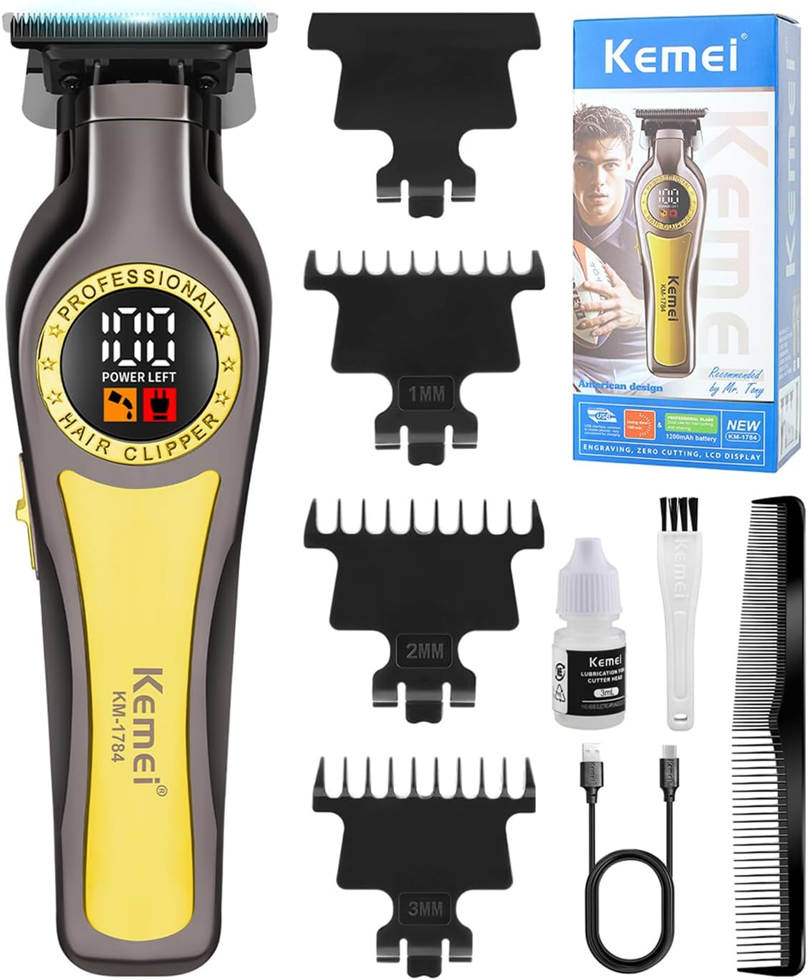 KEMEI 1784 Professional Hair Trimmer for Men, Wireless Electric Beard Trimmer, Zero Gapped T-Blade Hair Trimmer with LED Indicator and 3 Guide Combs image number 6