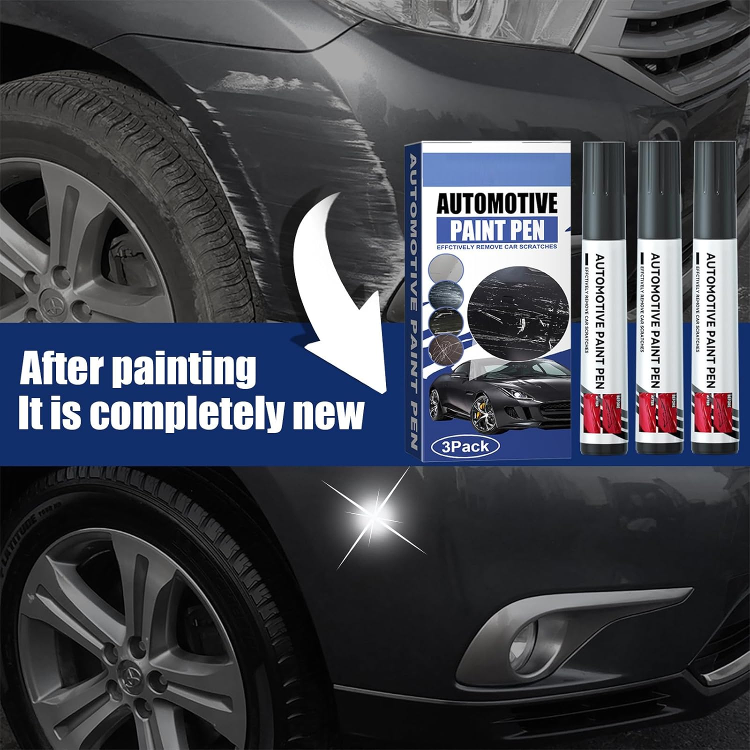 POKITA X 2 in 1 Car Touch up Paint Pen Set (3 PCS) &ndash; Exact Color Match for Black & White Cars, Quick Fix for Scratches & Paint Damage, Waterproof, Quick Drying & Safe, Upgraded Soft Pen Tip (BLACK) image number 3