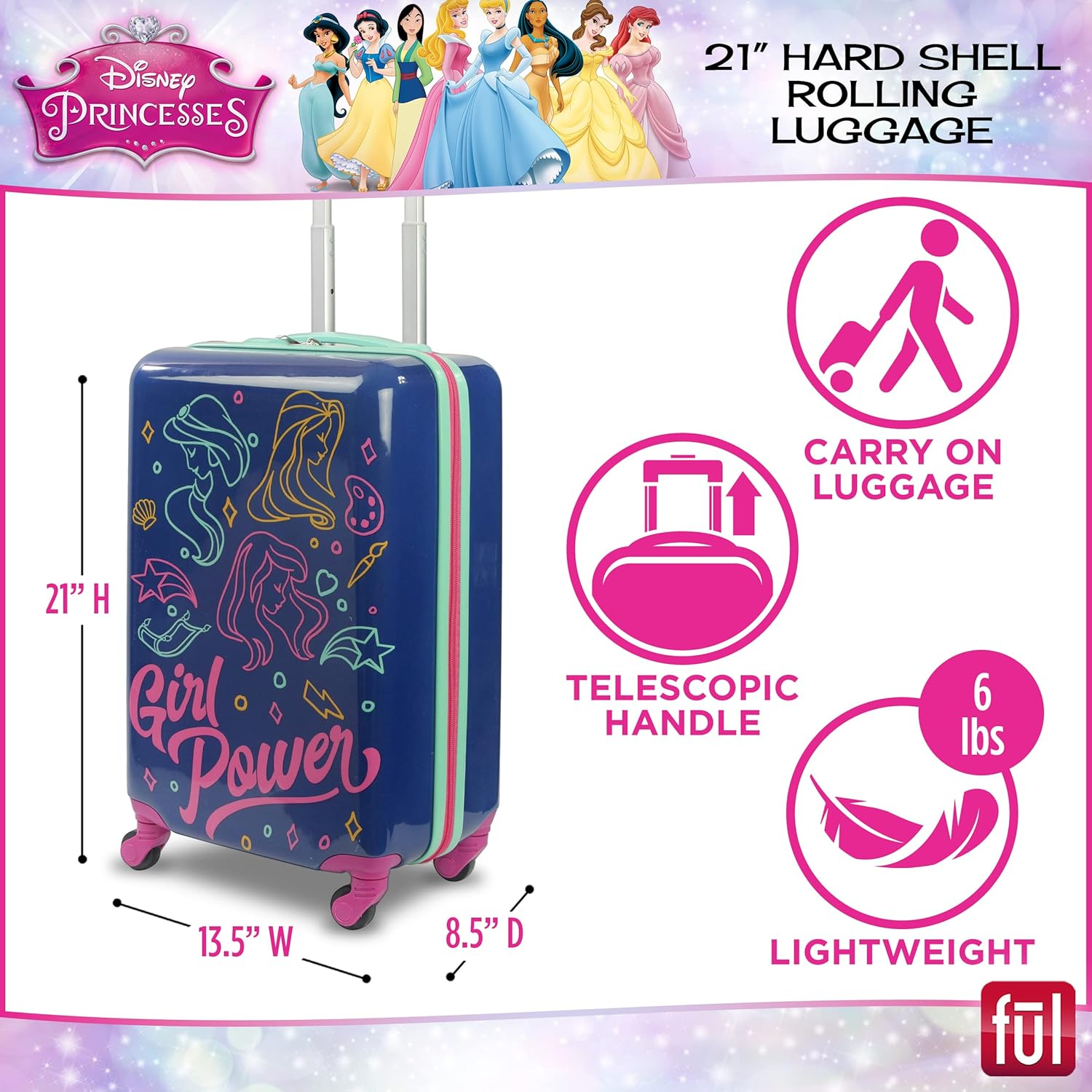 FUL Disney Princess Girl Power Kids Rolling Luggage, Hardshell Carry on Suitcase with Wheels, Blue, Blue, Disney Princess Girl Power Kids Rolling Luggage, Hardshell Carry on Suitcase with Wheels image number 6
