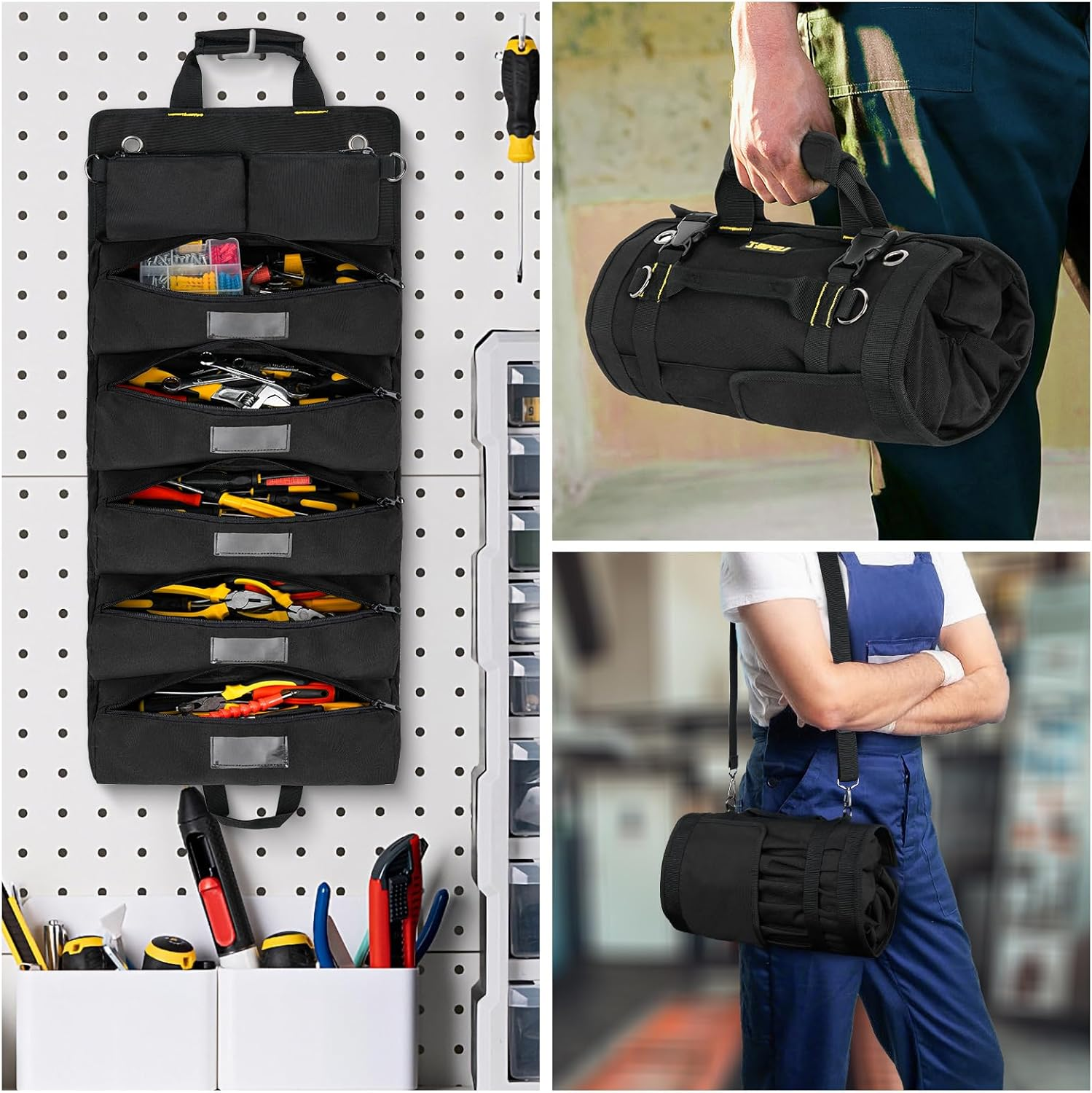Tool Roll Bag,Roll up Tool Bag Organizer,13 Pockets Large Heavy Duty Portable Tool Storage Carrierpouch Bag for Men,Mechanic,Electrician & Hobbyist,Black image number 1