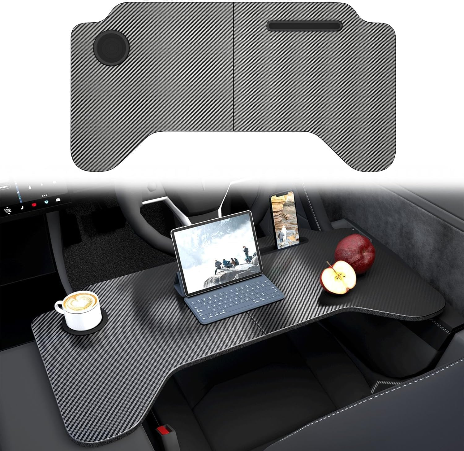 VINBY Car Desk for Model 3 Y, Carbon Fiber Tray Multipurpose Eat Lunch Food Tray Table for Working, Steering Wheel Eating Table, Car Laptop Desk, Car Travel Table image number 2