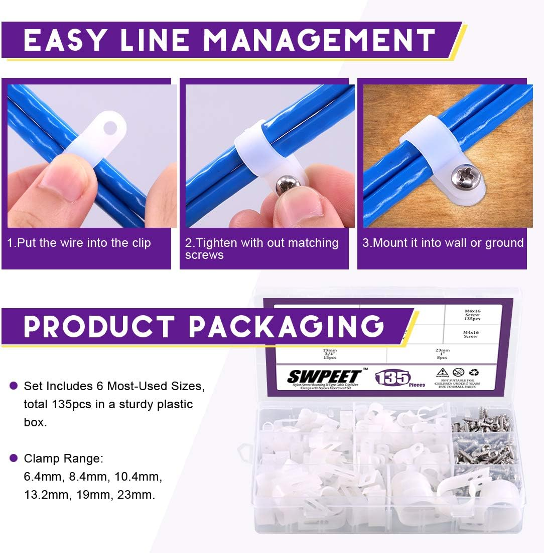 Swpeet 135 Pack 6 Sizes White Nylon Plastic R-Type Cable Clips Clamp Assortment Kit, 1/4" 5/16" 3/8" 1/2" 3/4" 1" Nylon Screw Mounting Cord Fastener Clips with 135 Pack Screws for Wire Management image number 2