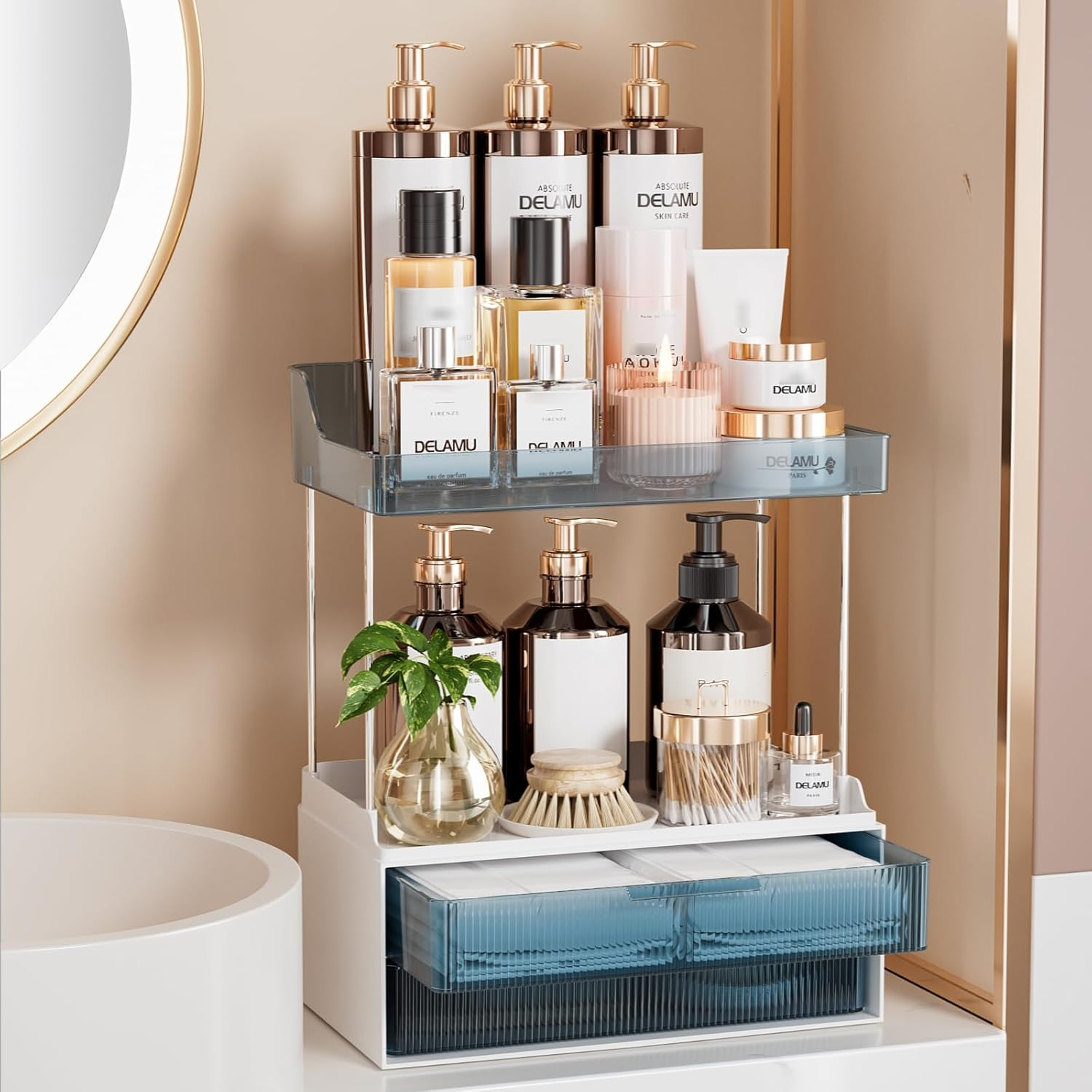 Delamu Makeup Organiser Storage, 2-Tier 2-Drawer Make up Organiser Countertop, Easy to Install, Ideal for Bathroom Storage, Vanity, Large Skincare, Perfume, Present, and More, Amber