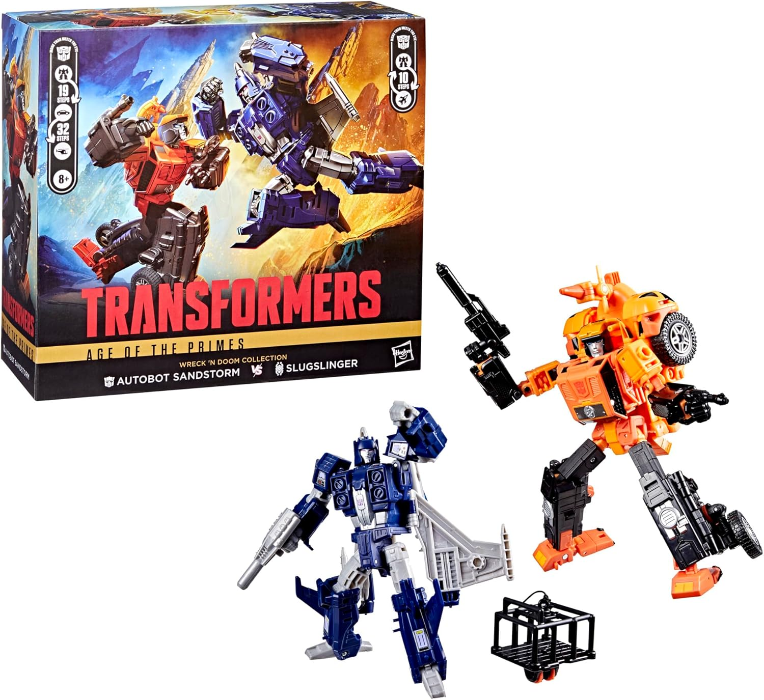 Transformers Age of the Primes Wreck 'N Doom Collection 2-Pack, 7.5-Inch Autobot Sandstorm and 5.5-Inch Slugslinger Action Figures, Robot Toys, 8+