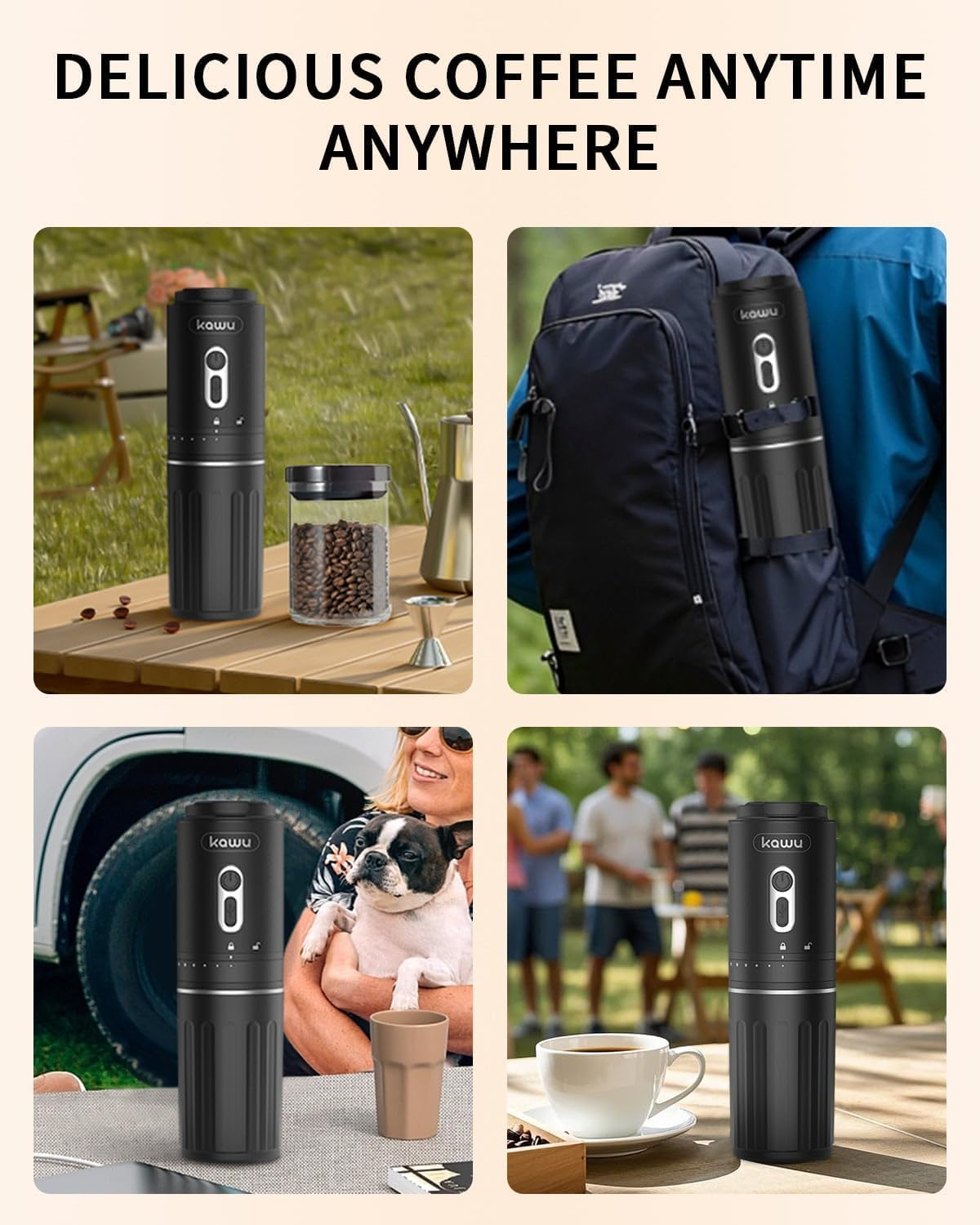 KAWU Portable Electric Coffee Grinder, USB Rechargeable, Conical Burr, Battery Powered, SOE Coffee Bean Coffee Maker, Small Cordless Compact for Travel, Camping, Car image number 2