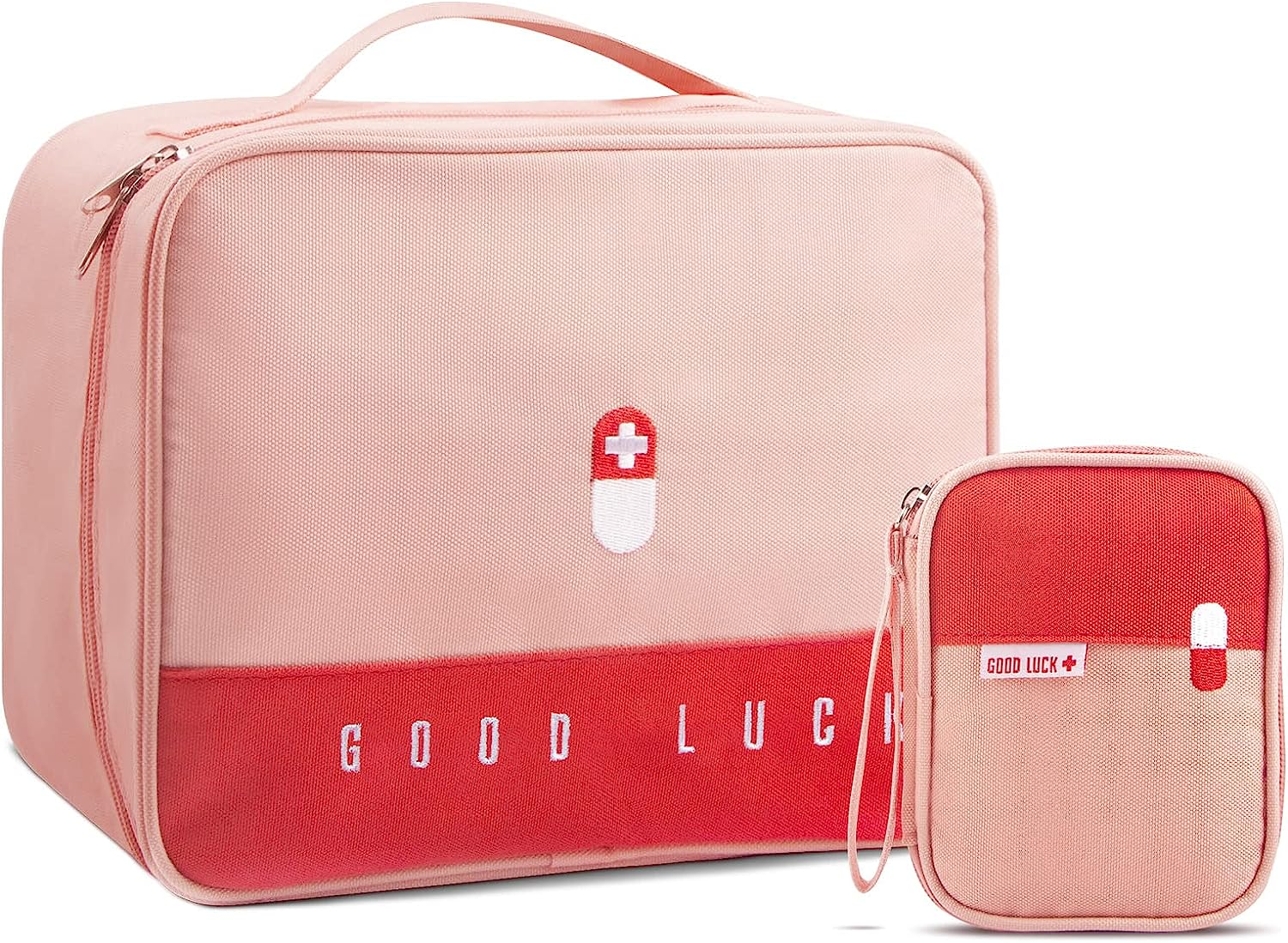 Portable First Aid Bag Empty Medical Supplies Bag with a Mini Pouch Travel Medicine Bag Cosmetic Organizer for Home Camping Hiking Office (Pink)